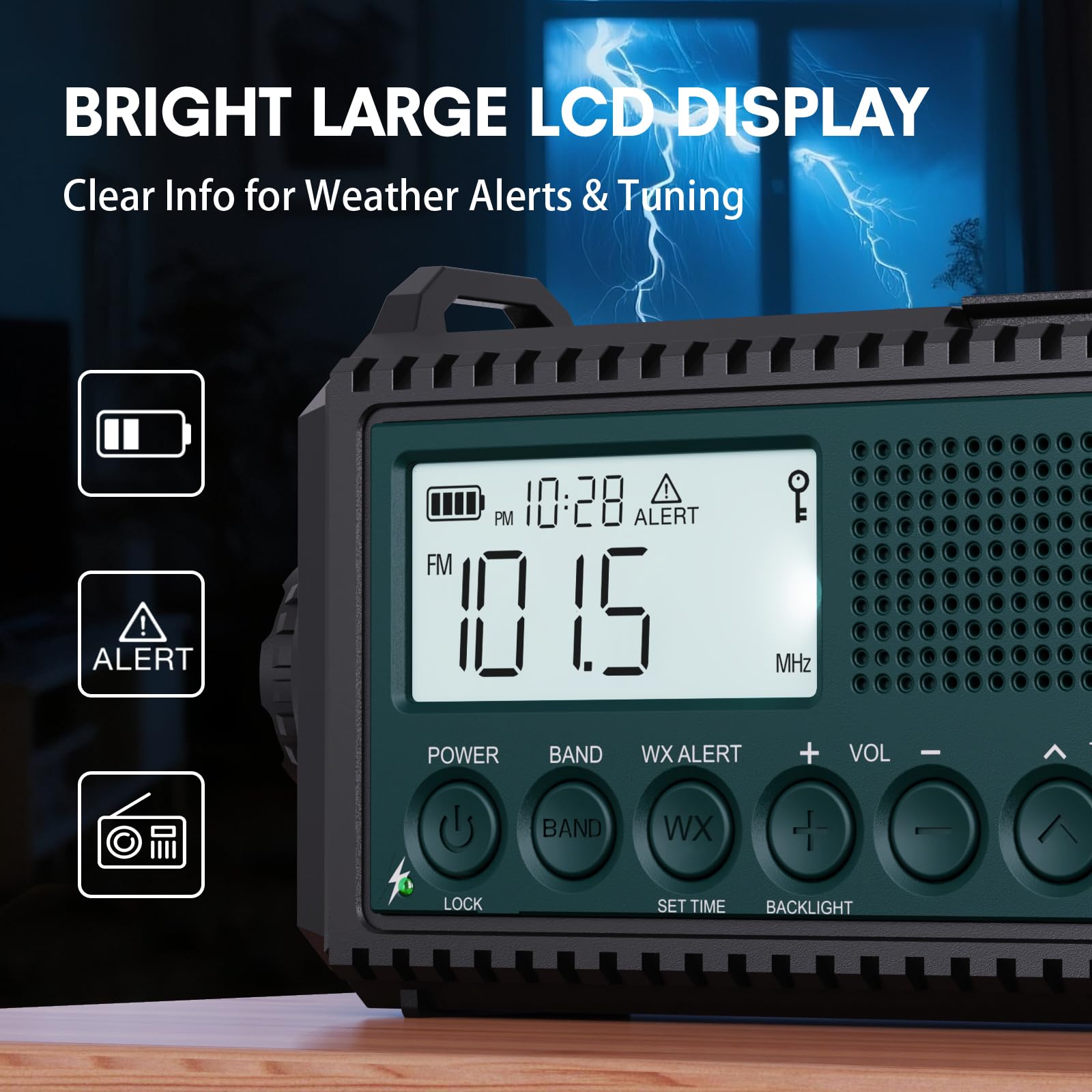 Radio meteo a manovella di emergenza con avvisi automatici NOAA e onde corte, 5000mAh | Ricarica solare, AM/FM/SW, torcia, lampada da lettura, allarme SOS, caricatore del telefono, orologio e ampio display LCD