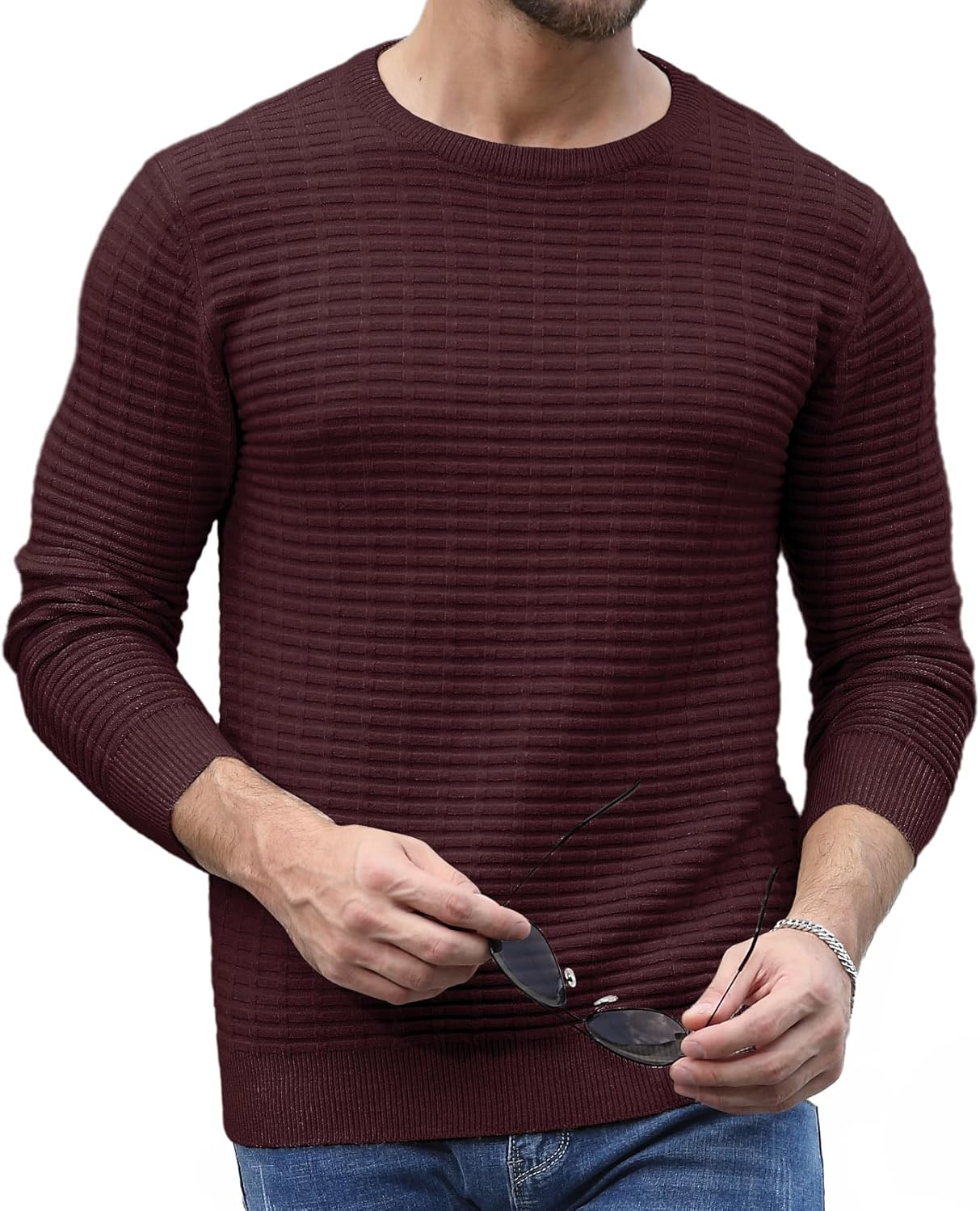 Askdeer Men's Pullover Sweater Cable Knit Crewneck Sweater Casual Long Sleeve Classic Knit Textured Sweater with Ribbing Edge - Image 4