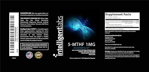 Miniatura 7 de Intelligent Labs 1MG 5-MTHF metilfolato, 120 cápsulas, suministro de 4 meses, suplemento de ácido fólico mejor valor como ácido cuatrefólico, folato