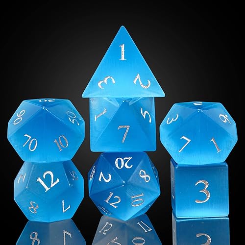 Miniatura 2 de UDIXI Gemstone DND - Juego de 7 dados poliédricos de piedra para juegos de mesa RPG (ojo de gato azul)