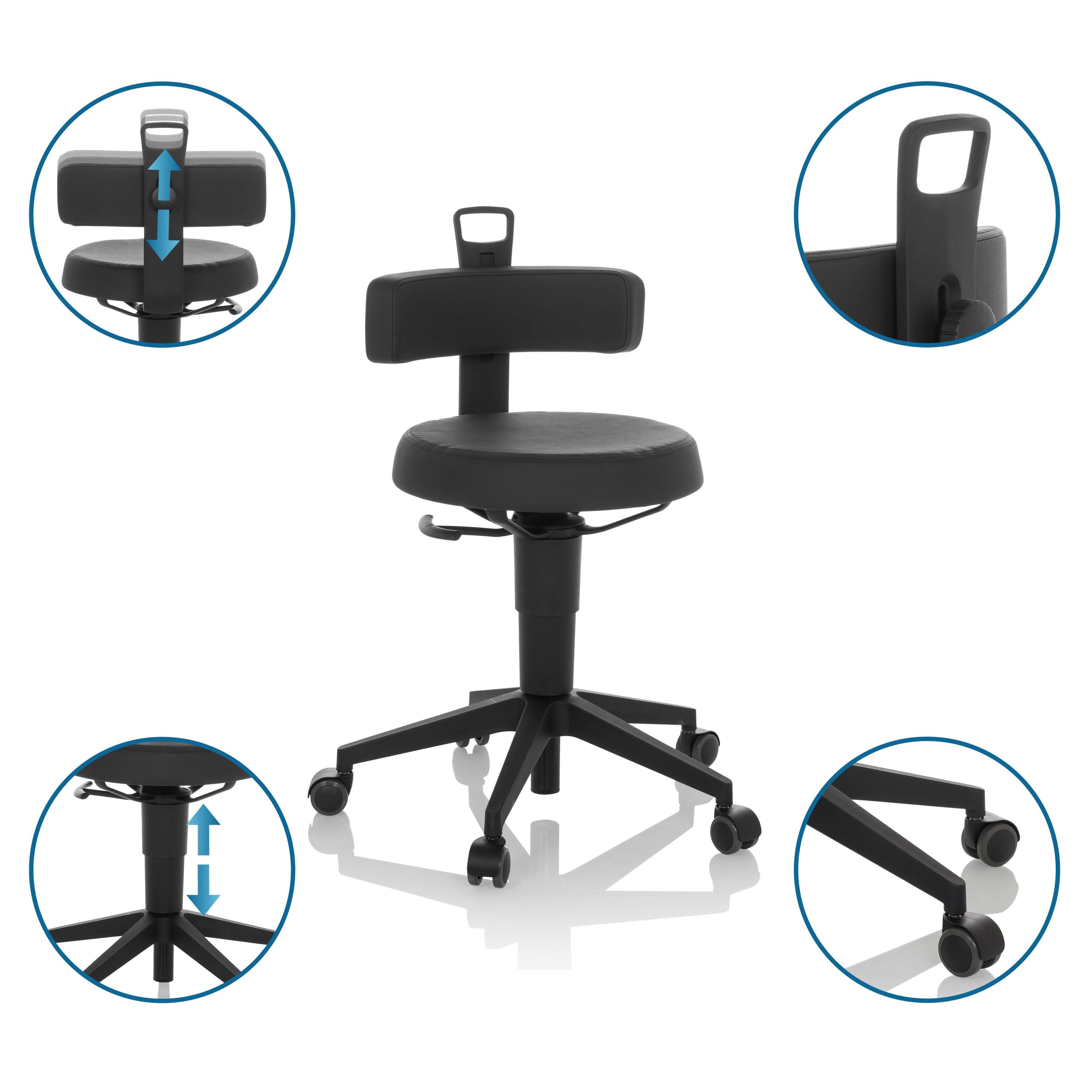 hjh OFFICE Silla de Equilibrio Regulable en Altura Top Work Flex PU Taburete de Trabajo móvil con Respaldo, imitación de Cuero Negro