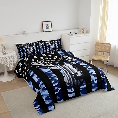 Miniatura 3 de Juego de edredón de tamaño matrimonial con bandera estadounidense de camuflaje para niños, cuernos de ciervo, banderas de camuflaje azul para
