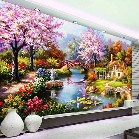 Amazon Mzznz ヨーロッパの美しい田舎の花の花風景油絵絵画壁画用リビングルーム壁アートの装飾3dレリーフ壁紙 250x175cm 壁紙