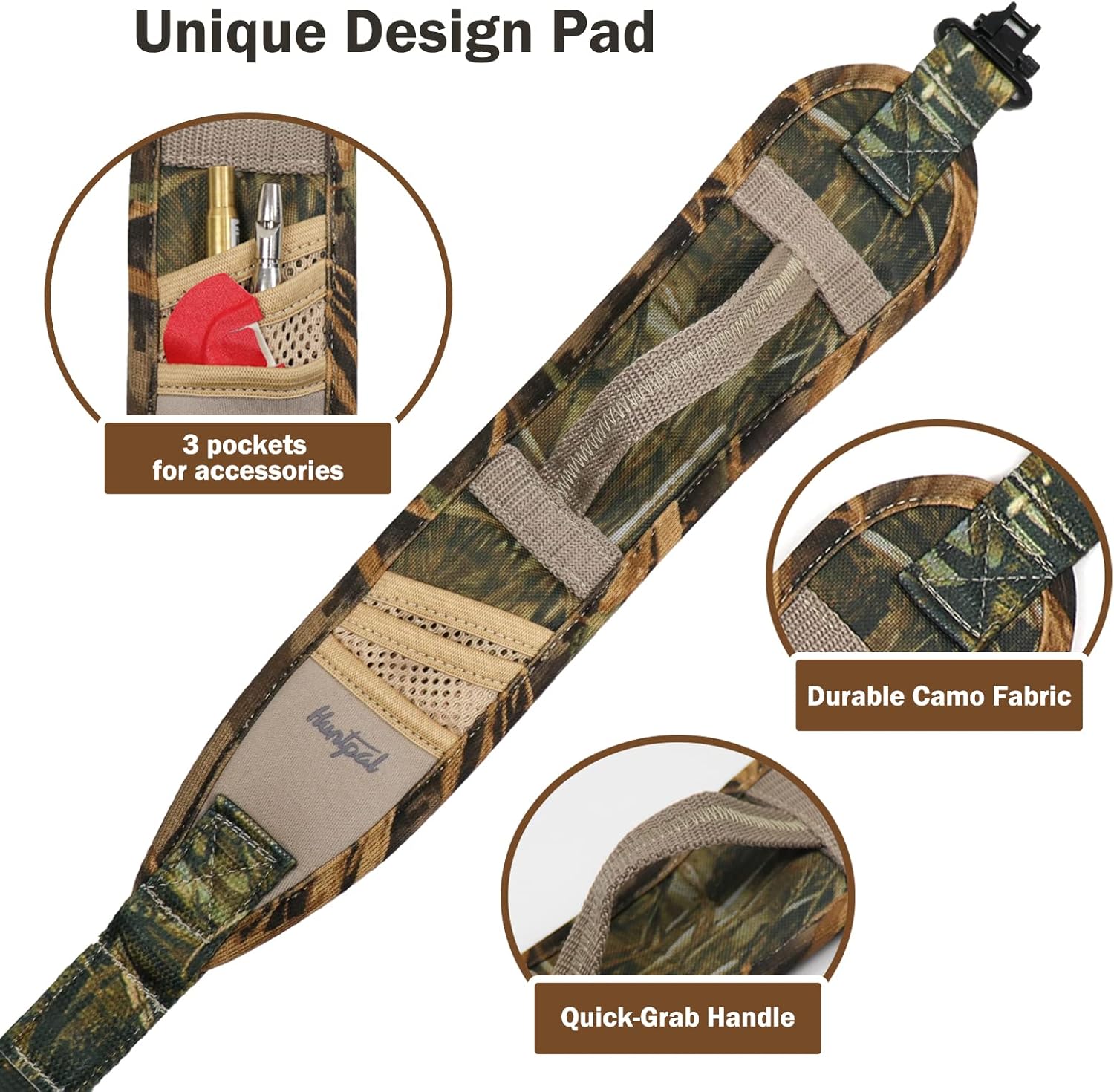 HUNTPAL Full Camo 2 Point Gun Shotgun Rifle Sling with Quick-Grab Handle, 3 Accessories Pockets, Steel Swivels and Thumb Hole, 1.18" Nylon Webbing Neoprene Gun Shoulder Strap