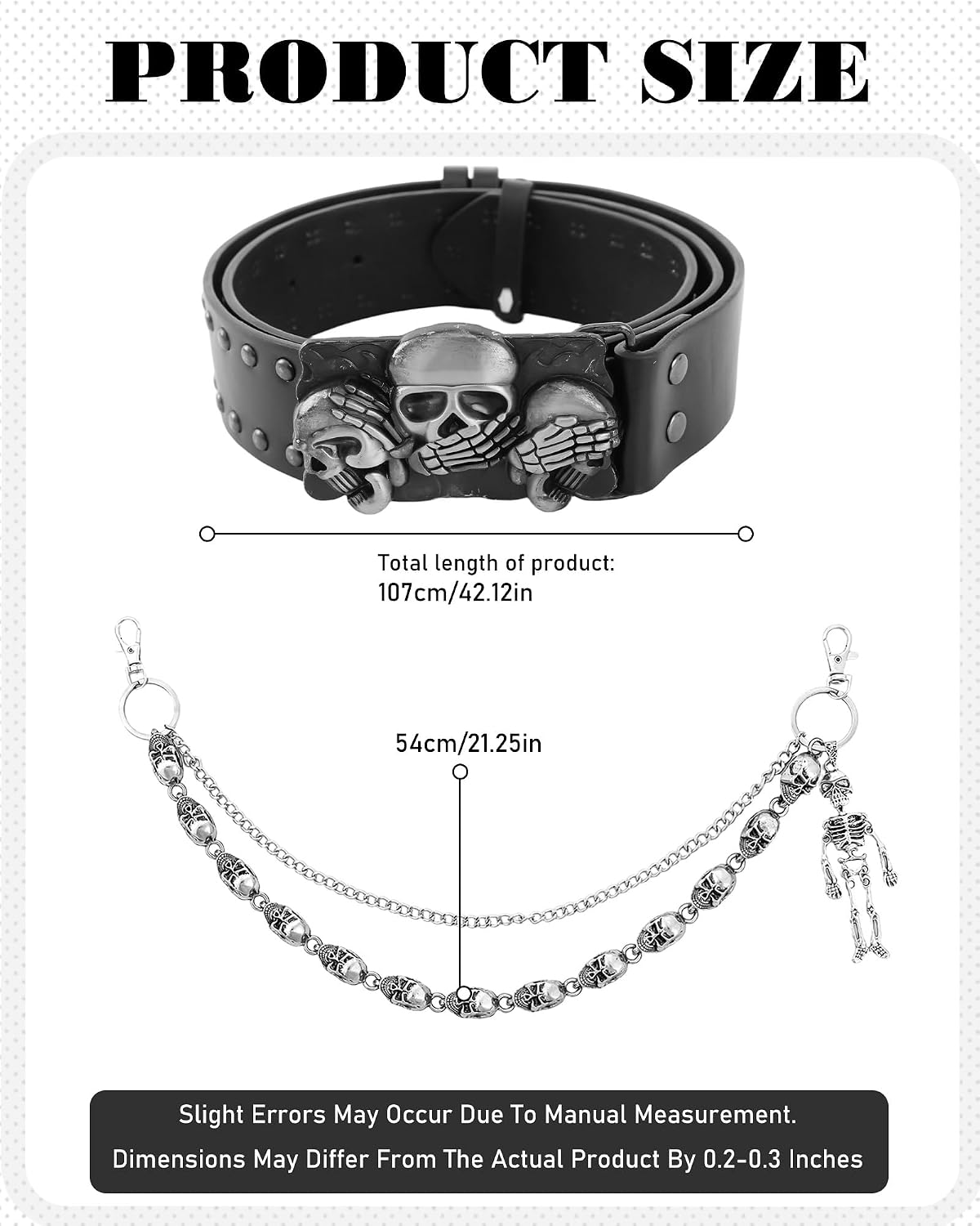 Punk Belt with Pants Chain - 2Pcs Grunge Accessories for Women Men, Aesthetic Metal Gothic Rock Belt Set for Jean