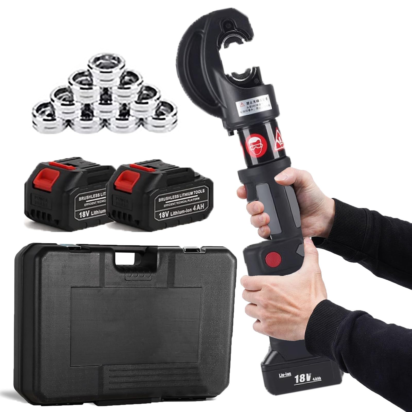 BOOZXCV Electric Hydraulic Cable Lug Crimper Pliers with 12 Dies Rechargeable Crimping Tool 120KN Electrical Terminal Cable Wire Fiber Crimper Kit (16mm2-400 mm2) (Discontinuous)