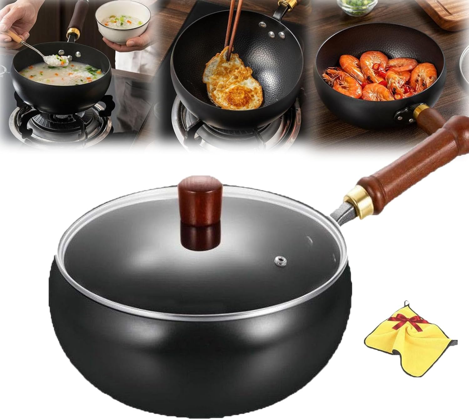 Cast Iron Skillet, Cast Iron Wok With Lid, Hand-Forged Non-Stick Without Coating, For Frying, Braising, Stewing (Wooden lid, 28cm)