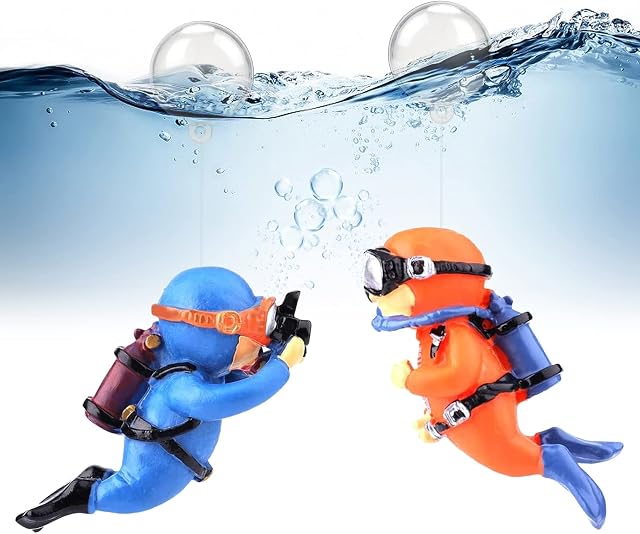 Vibbang 2Pcs Floating Fish Tank Decoration Cute Little Diver Aquarium Decor Aquarium Diver with Floating Device Fish Tanks Accessories Fish Playmate Ornament Simulated Underwater World (Blue & Orange)