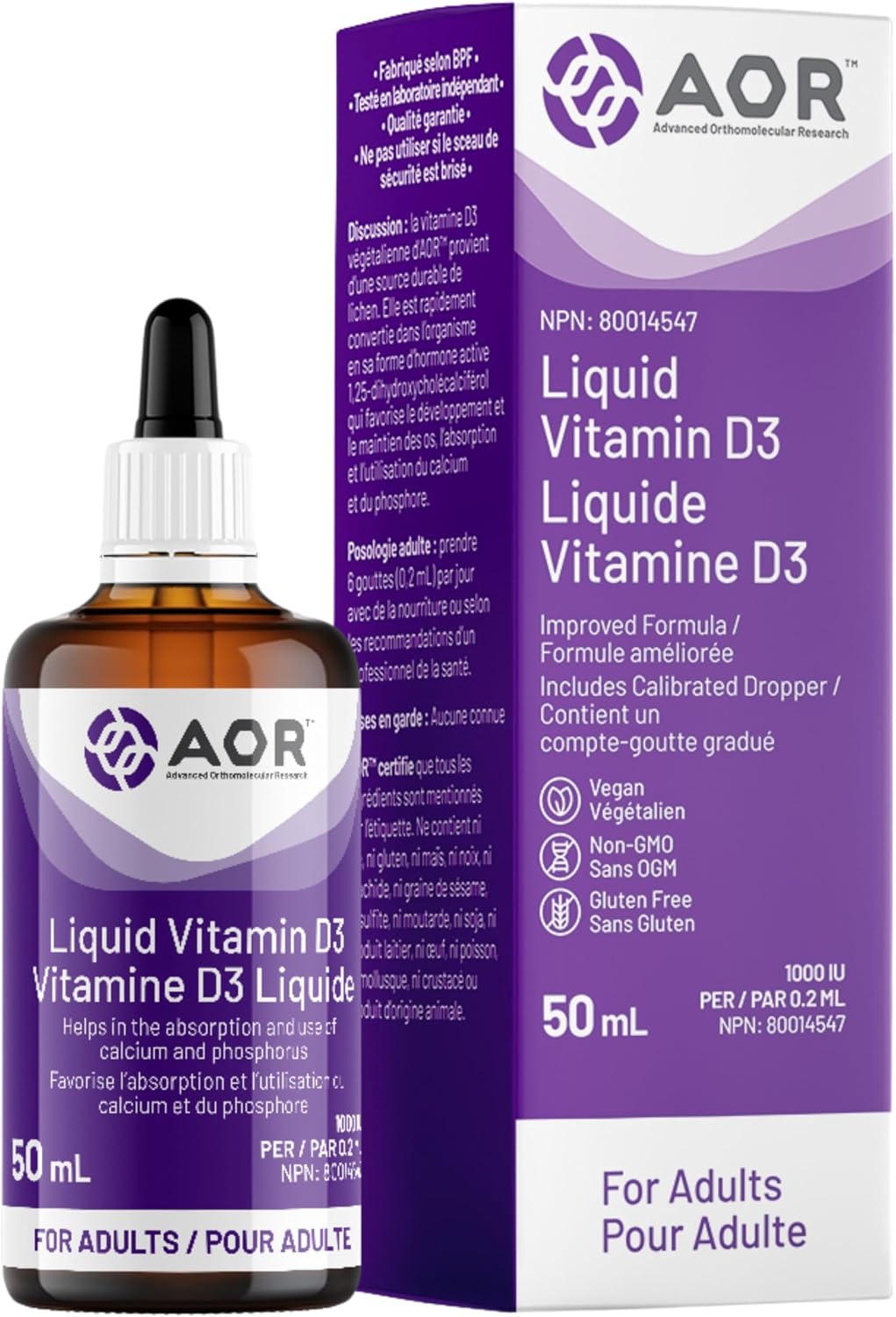AOR Liquid Vitamin D3 Drops 1000 IU for Adults 50 ml 250-Servings - Vegan, Non-GMO & Gluten-Free - Vitamin D Supplement - Promotes Strong Bones & Immune - Easy to Absorb with Calcium for Bone Health