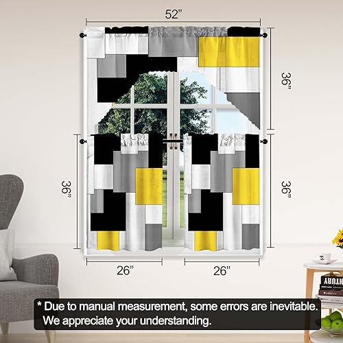 Miniatura 4 de Juego de cortinas amarillas para ventana, 3 piezas, cortinas de cocina geométricas, juego de cenefas de arte geométrico, cortina gris con bolsillo