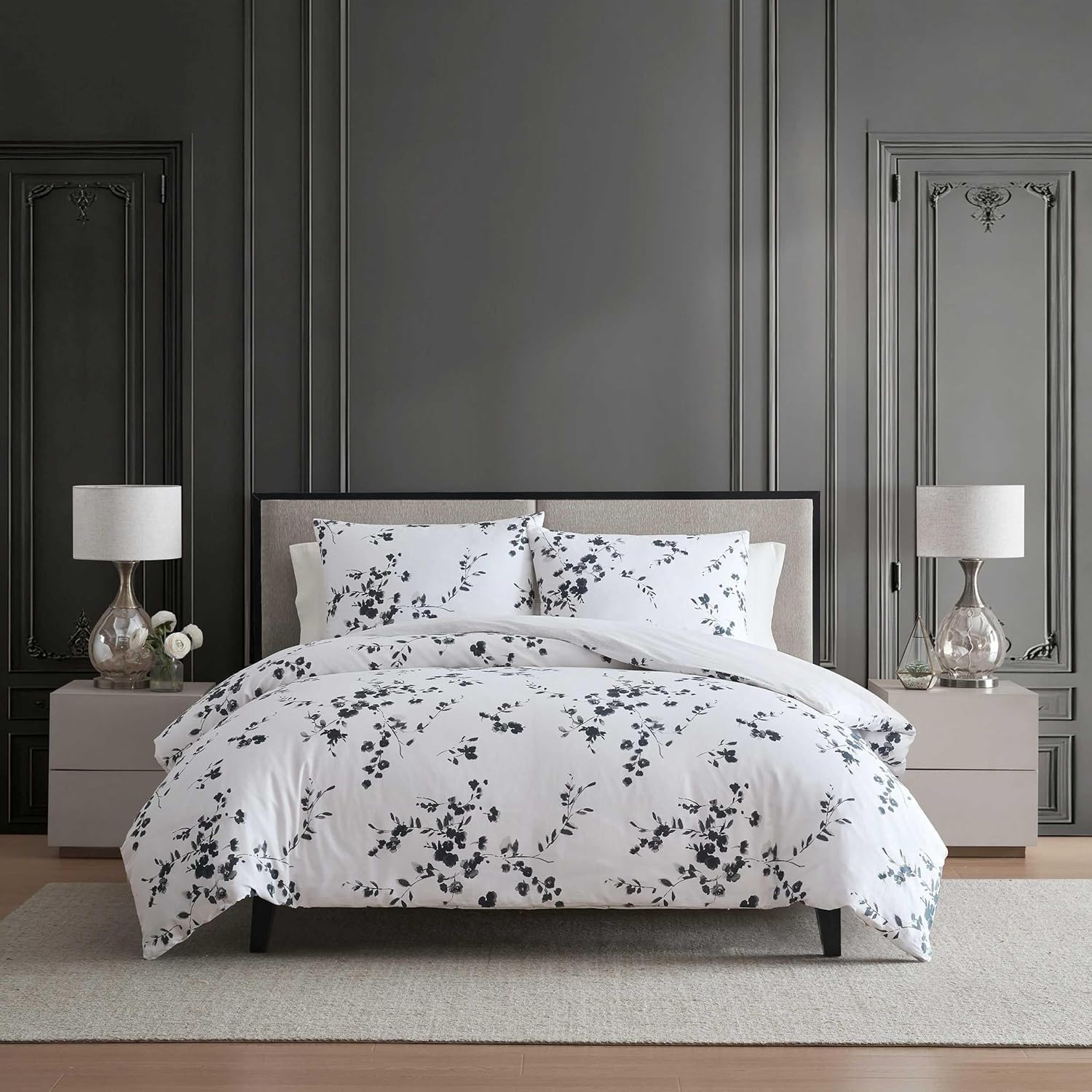 Édredon microfibre douce imprimé feuillage et ses taies d'oreiller 65x65