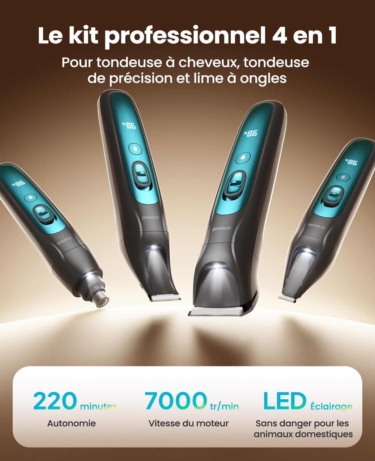 oneisall 4-en-1 Tondeuse pour Chien Professionnelle Sans Fil pour Animaux, Tondeuse à Poil Long Epais avec Lumière LED, Toilettage Rechargeable 2000mAh, Rasoir pour Chien et Pattes (Bleu)
