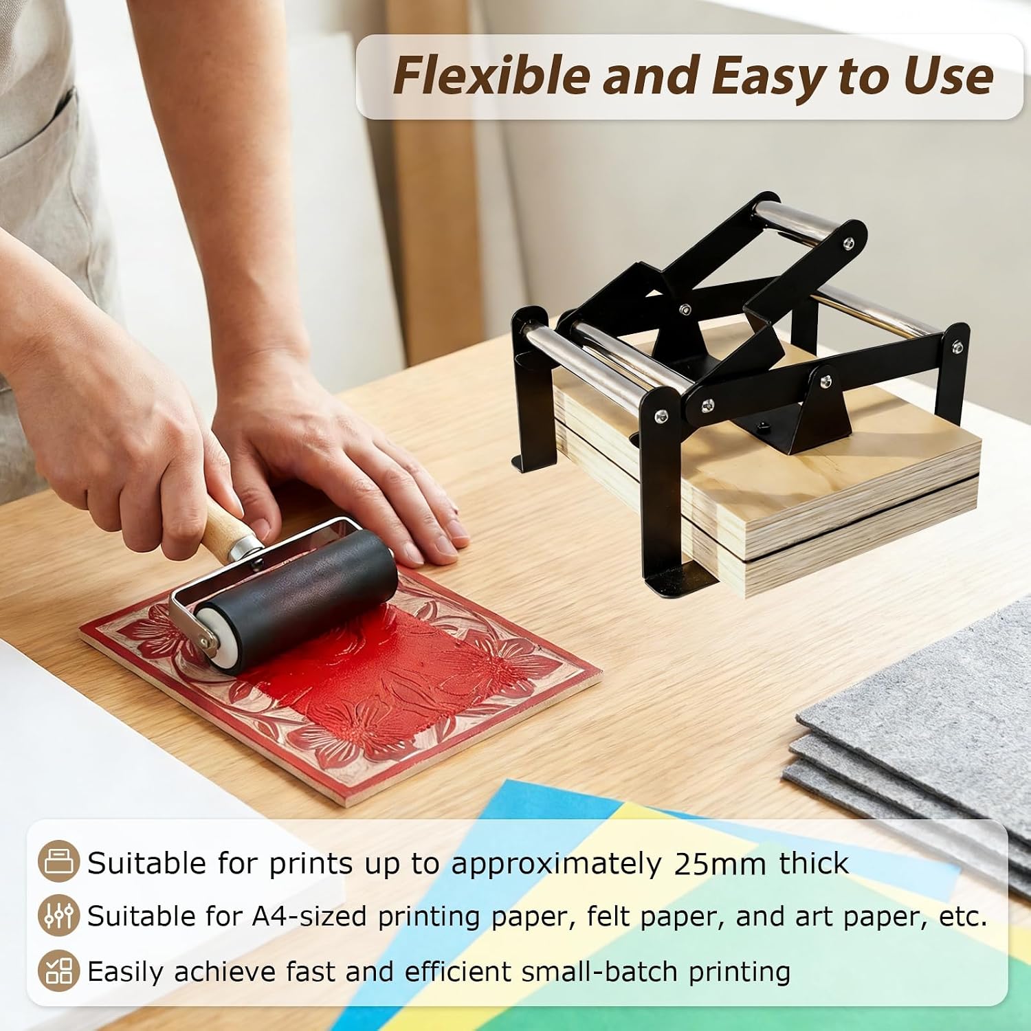 A4 Linocut Printing Hand Lever Press Machine, Linocut Press Machine with Rubber Roller & Felt Pad, Fit for Linocut Printing, Woodcut Printing, Letterpress, Rubber, Cardboard, Cork Printing