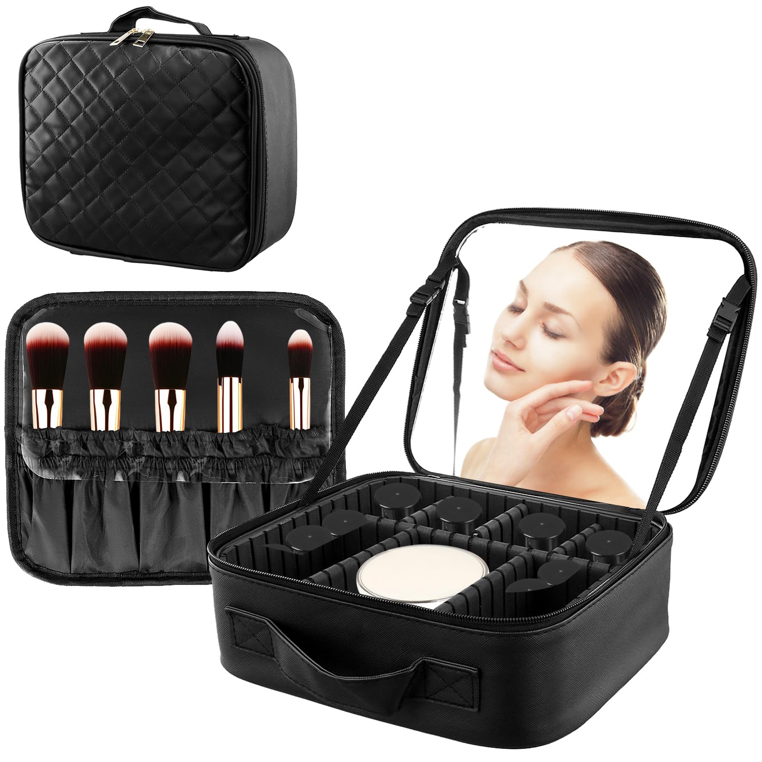QWORK® Estuche de Maquillaje, Bolsa de Maquillaje con Espejo Grande, Maquillaje Profesional, Organizador de Neceser Impermeable, Negro