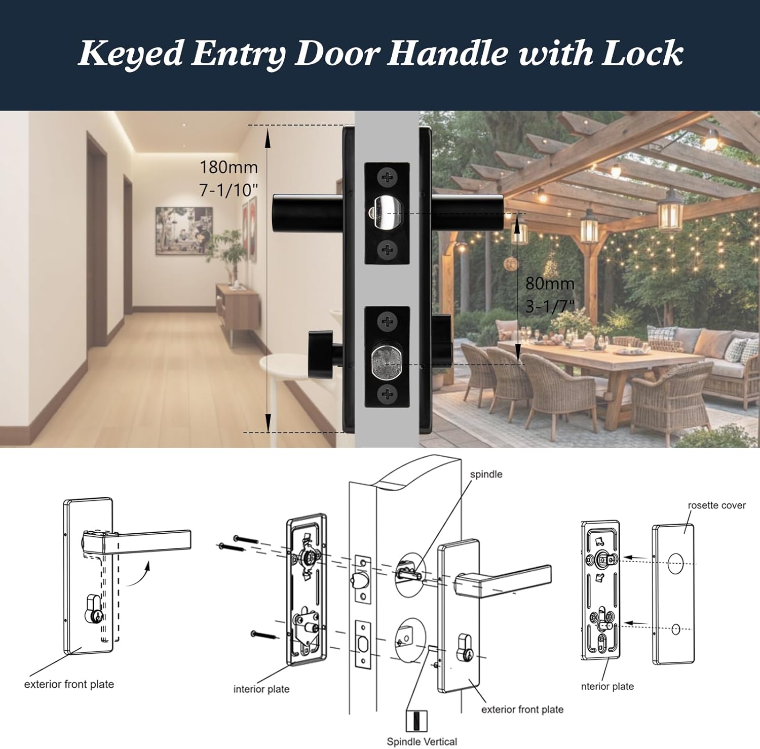 Black Exterior Door Lock Set,Front Door Handle with Deadbolt Lock,Keyed Entry Door Handle with Lock (Straight Lever)