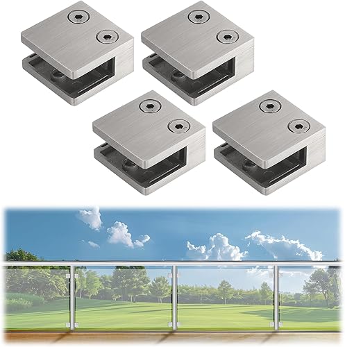 LukLoy 4 abrazaderas de vidrio cepillado para barandilla de vidrio, soportes de vidrio cuadrados de acero inoxidable con parte trasera plana para