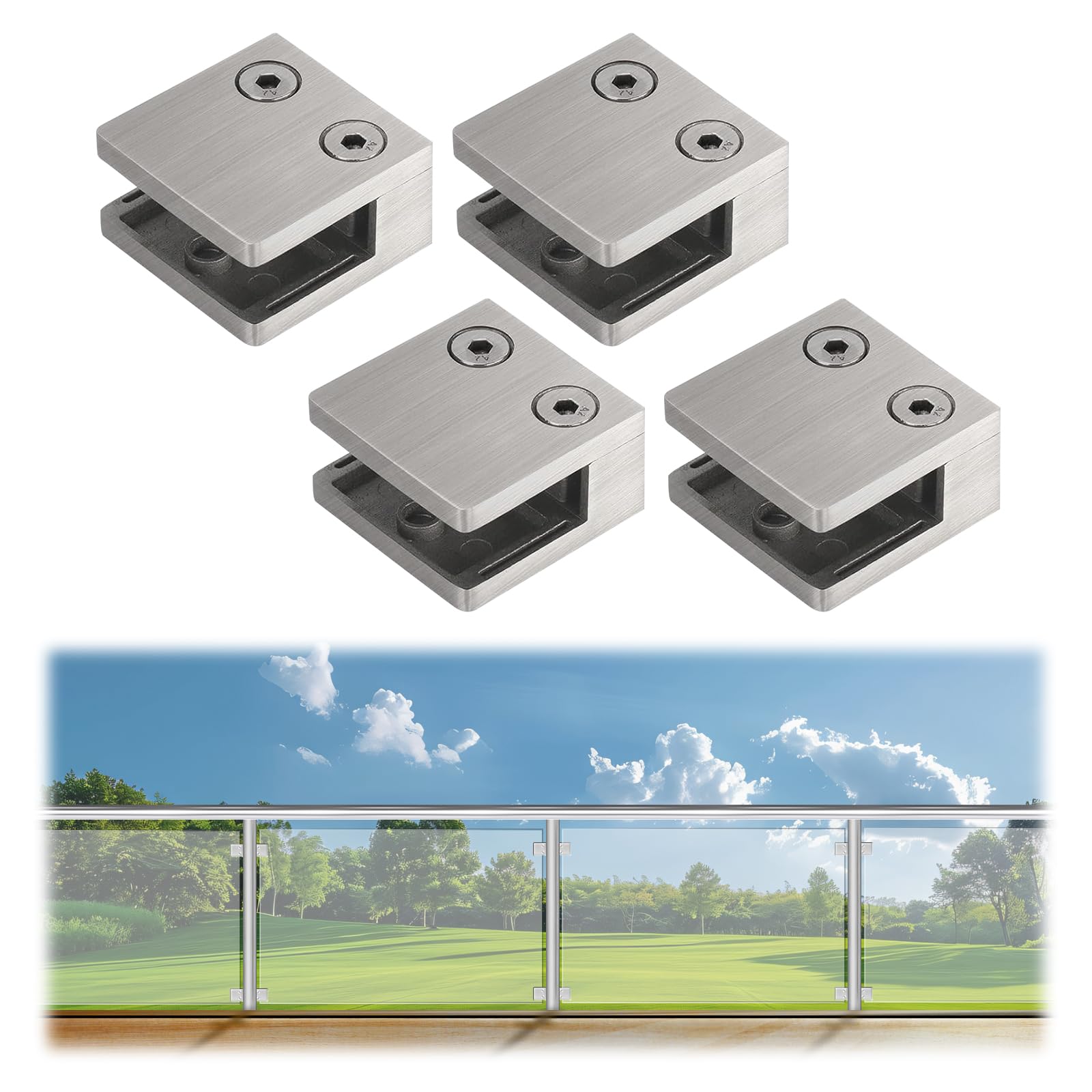 LukLoy 4 PCS Brushed Glass Clamp For Balustrade, Stainless Steel Square Flat Back Glass Brackets for 5/16 "-15/32 "(8mm-12mm) Tempered