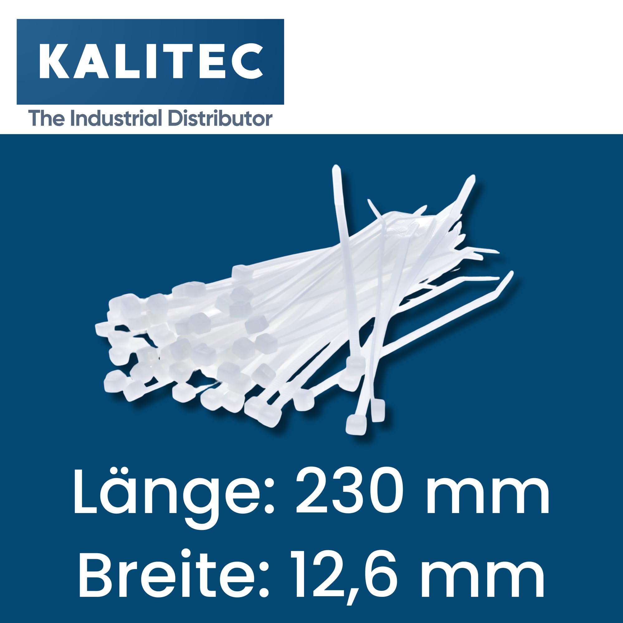 100 Stück Kalitec Kabelbinder Natur 230mm x 12,6mm I Kabelbinder uv-beständig I transparente Kabelbinder I Kabelbinder Set weiß/natur I 230 mm lange Kabelbinder I 115 kg Zugfestigkeit