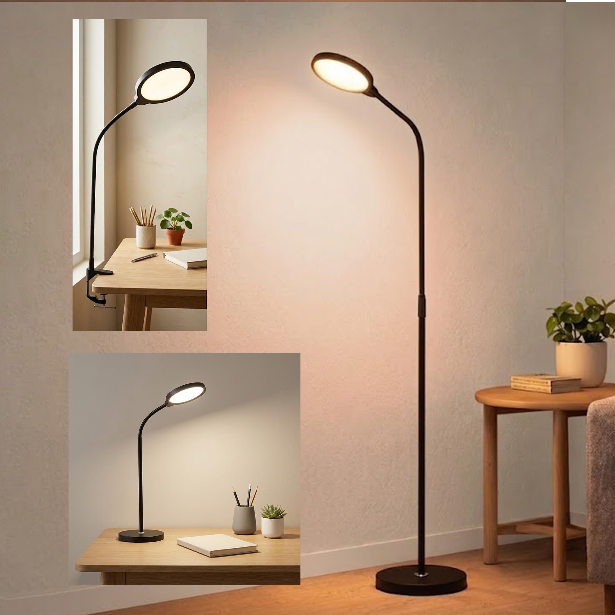 XERGY 12W 3-in-1 Floor, Clamp & Desk Lamp - Versatile, 2 Color Modes & 9 Stepless Dimming, Flexible Adjustable Neck, Eye-Care LED Light for Home, Office, Craft & Study -1pc Lamp (Adaptor Included)