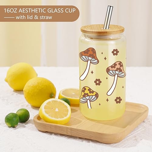 Miniatura 6 de GSPY Taza de hongos, regalos de hongos, taza de café de vidrio de hongo con tapa y pajita, lindas cosas de hongos, bonitas tazas estéticas de