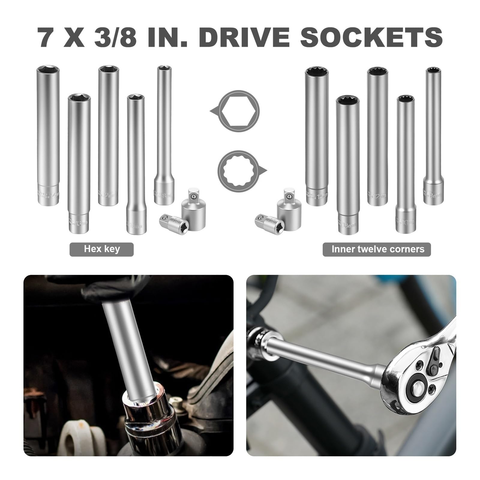 Zestaw nasadek udarowych 3/20.3 cm, głęboka nakrętka CRV z adapterem bitowym z grzechotką do klucza dynamometrycznego - 6-punktowe gniazda metryczne (5 szt. 12 punktów)