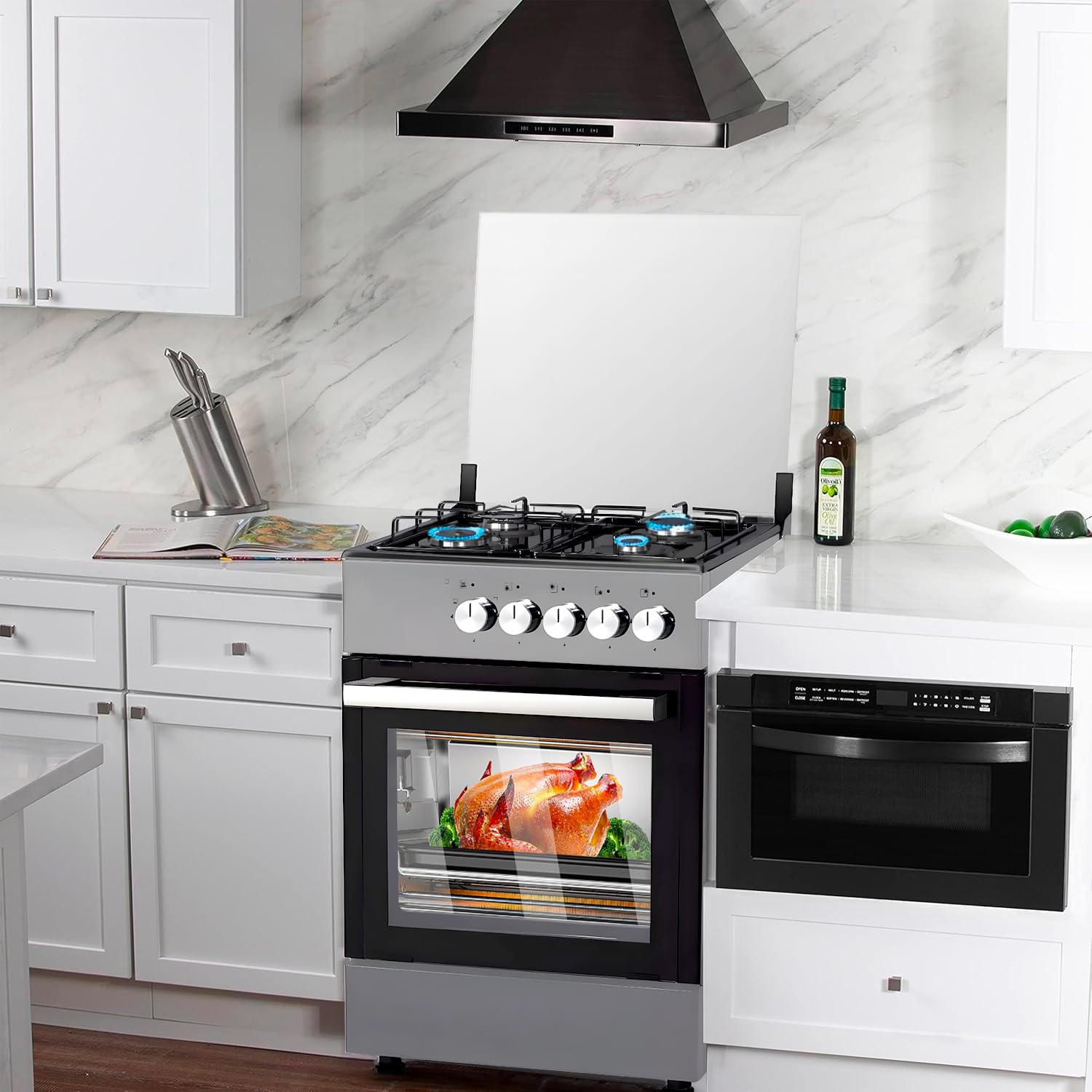 Wintem Cucina a Gas con 4 Fuochi e Forno Elettrico 1900W Integrato in Acciaio 57x57x88cm - Ideale per Cucinare in Modo Rapido e Veloce in Ambienti Piccoli o all'Esterno - Comode Lastre Coprifuochi
