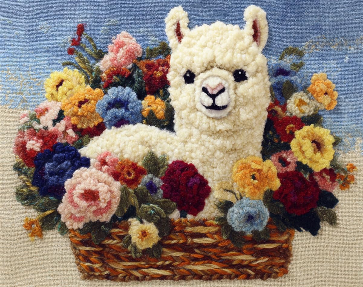 DIY Animal Kit Tufting Complet Panier De Fleurs Et Alpaga Kits De Tapis À Crochet Pour Enfants，Kit De Crochets Pour Débutants,Set Fabrication De Tapisserie Avec Toile Imprimée，Cadeau 33x45in