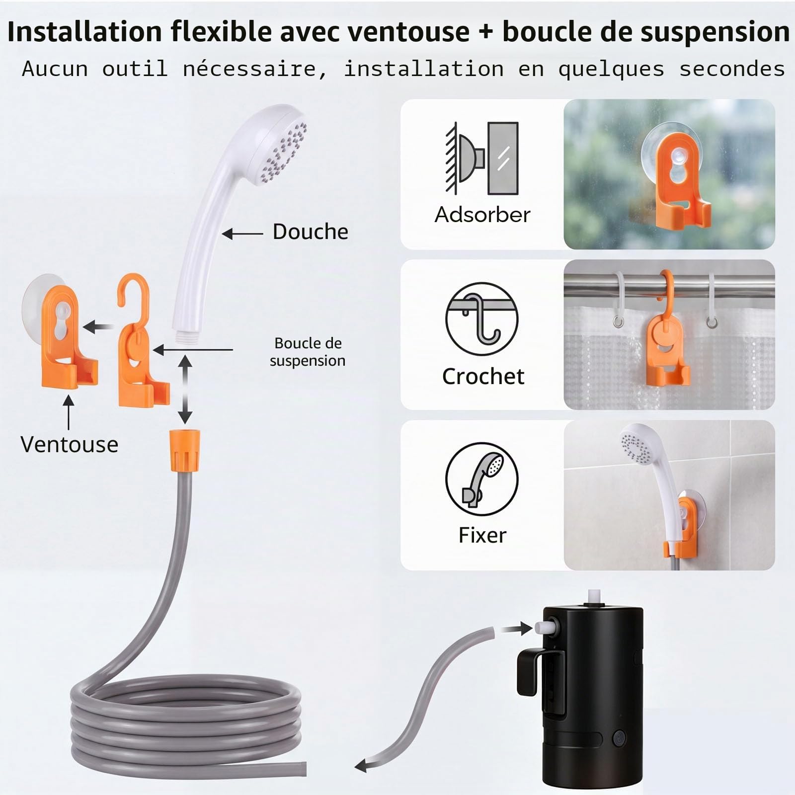 Douche d'extérieur portable, 2 modes de débit, pompe de douche alimentée par batterie de 4400 mAh pour randonnée/randonnée, voyage, plage, animal de compagnie, floraison, étanche IPX7 et rechargeable