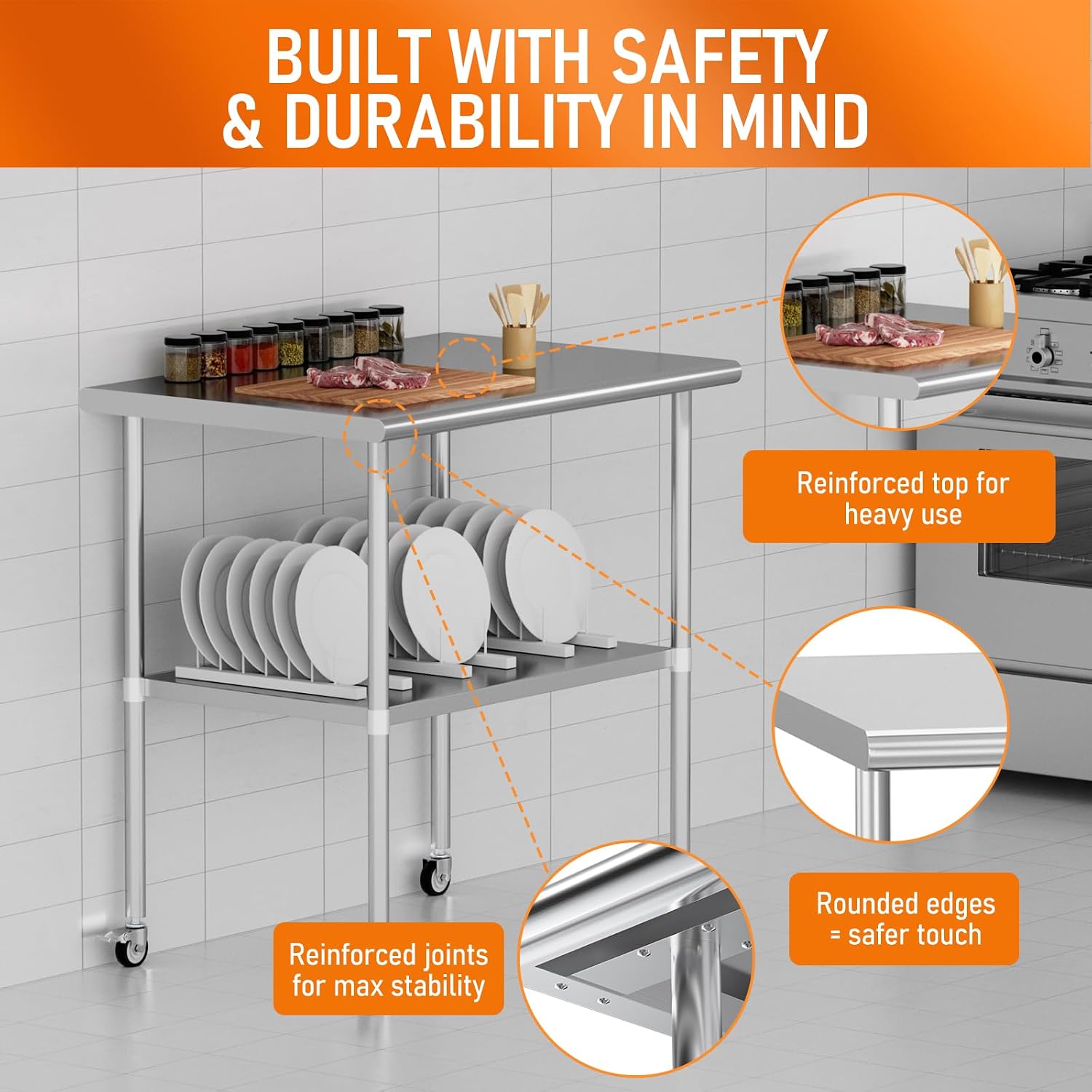Stainless Steel Table with Wheels 30" x 36" Utility Worktable with Adjustable Undershelf for Commercial Kitchen, Garage, Restaurant