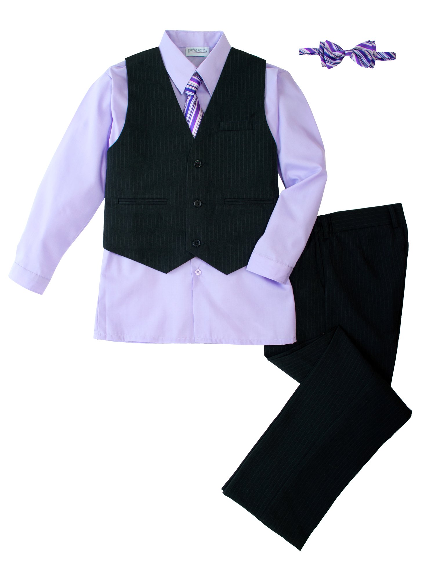 Spring Notion Big Boys' 5 Piece Pinstripe Vest Set with Necktie and Bowtie Lilac