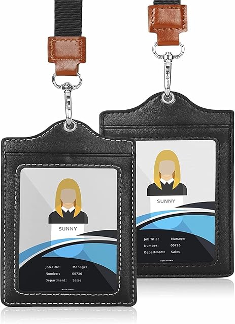Anoowkoa [2 Pack] Card Holder Vertical PU Leather Badge Holder with 1 Clear ID Card Window 1 Card Slot and 1 Neck Lanyard for Office/School ID Credit Card Driver License - Black