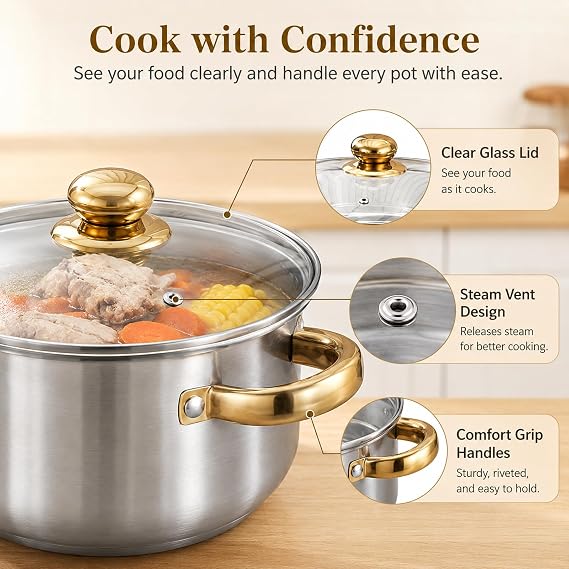 14-Piece Stainless Steel Induction Cookware Set with Nonstick Pots & Pans | Includes saucepans, stockpot, frying pan, steamer, and kitchen utensils. Features stay-cool handles with tempered glass lids