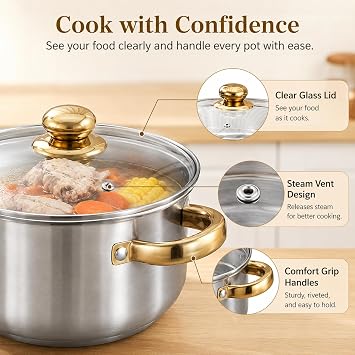 14-Piece Stainless Steel Induction Cookware Set with Nonstick Pots & Pans | Includes saucepans, stockpot, frying pan, steamer, and kitchen utensils. Features stay-cool handles with tempered glass lids