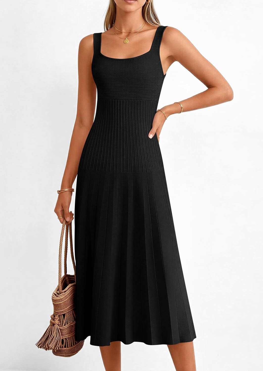 PRETTYGARDEN Spring Dresses for Women 2026 Summer Casual Sleeveless Square Neck A Line Knit Pleated Midi Cocktail Party Dress - Image 2