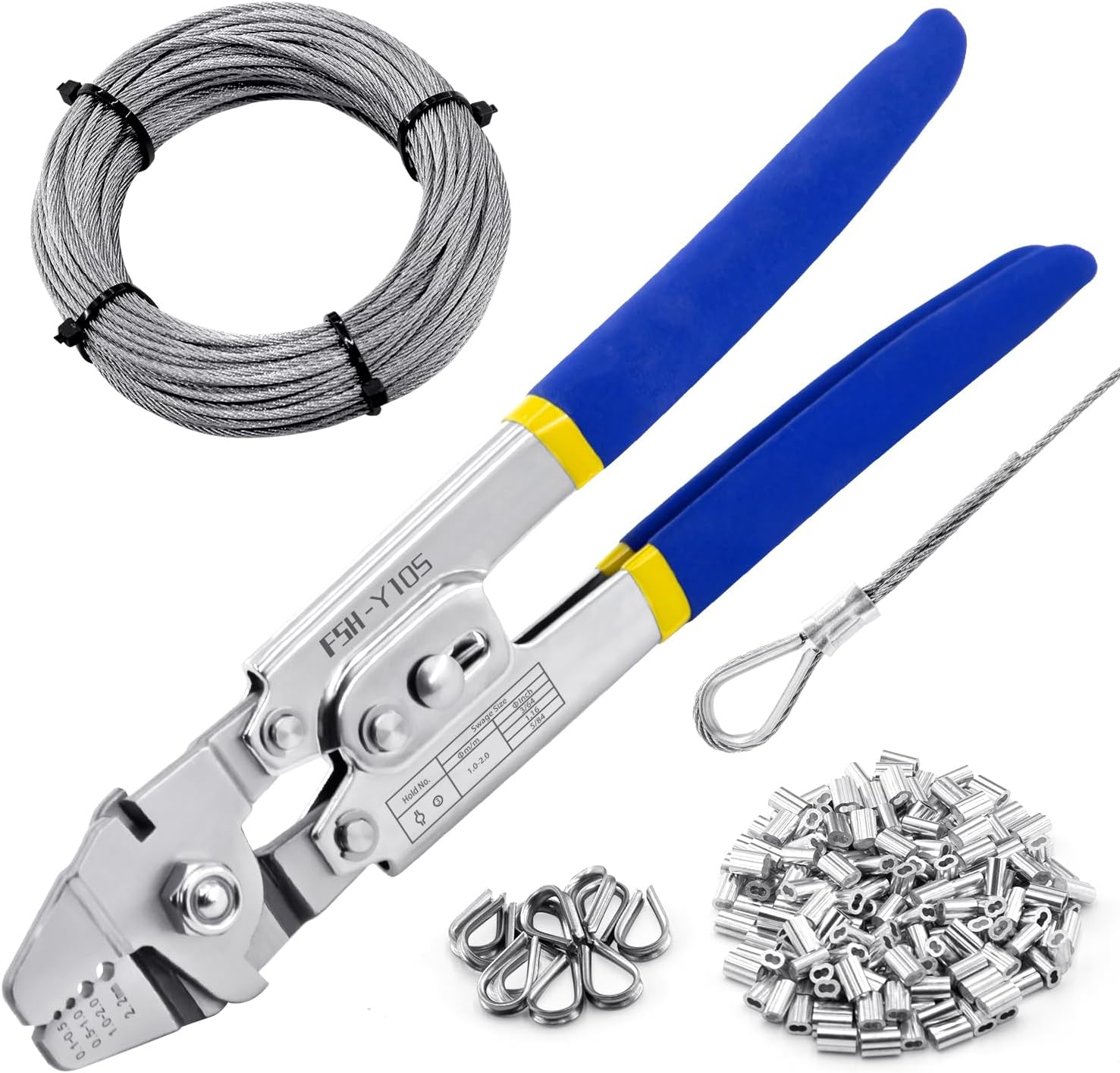 XOOL Wire Rope Crimping Tool with Built-in Cutter, Hand Swaging Tool with 66FT/20M 1/16'' Wire, 200PCS Aluminum Double Barrel Ferrule Crimping Loop Sleeve and 12PCS Stainless Steel Thimble