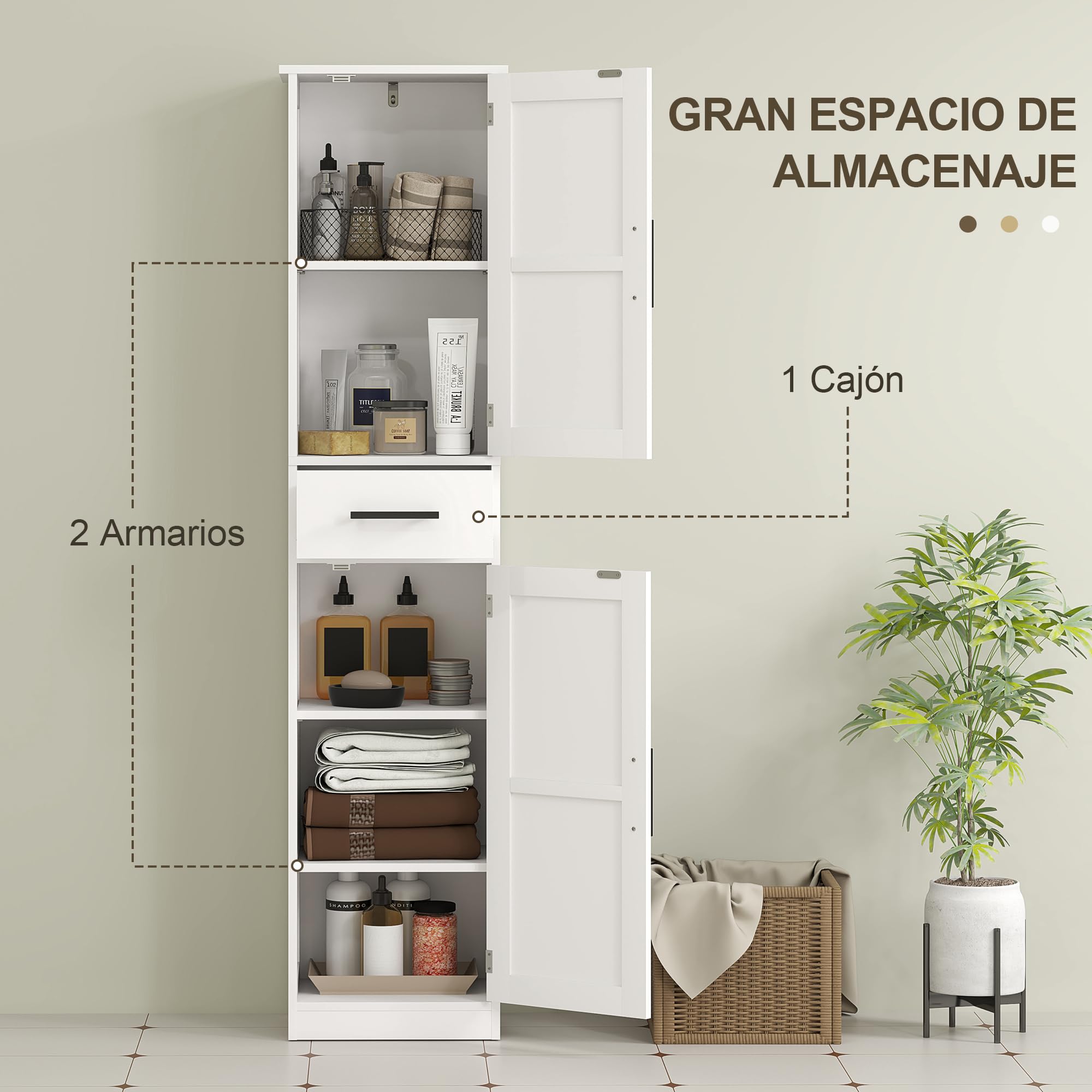 HOMCOM Armario Alto de Baño Estrecho con 2 Puertas 1 Cajón y 2 Estantes Ajustables Columna de Baño Estilo Rústico para Salón Aseo Cocina 40x30x170 cm Blanco