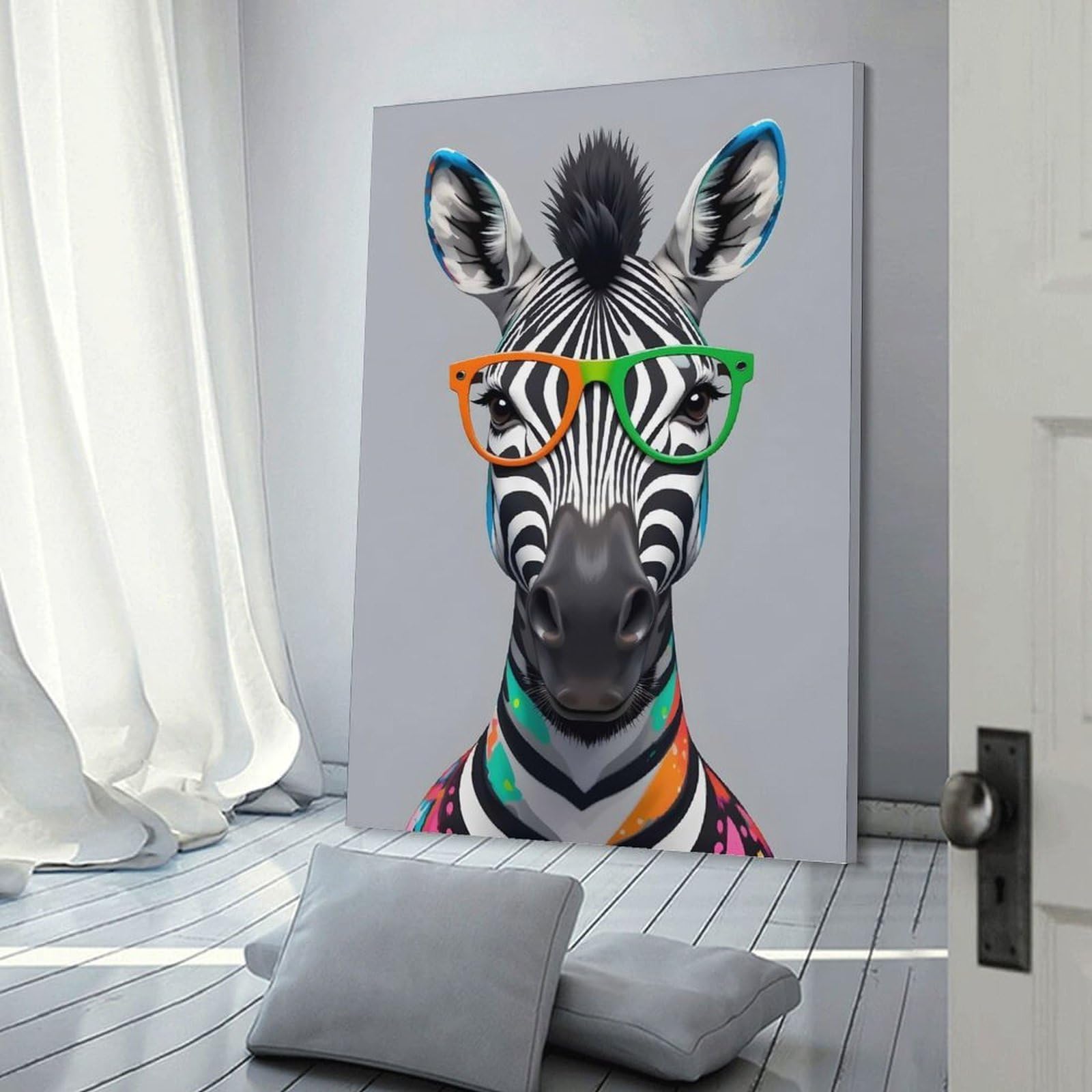 Junmoney Frame-Style-4 Colorful Portrait Of A Zebra With Glasses Decorative Wall Artwork 20X30inch(50X75cm), For Corridors, Hallways Or Apartment Entries, Home Artwork For First Impressions