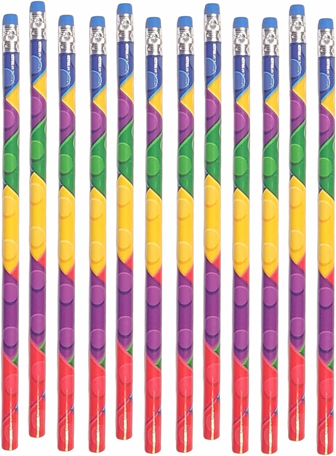 Zugar Land Block Mania Pencils with Blue Top Erasers (7.5") – Fun Building Brick Theme Party Favors for Kids' Birthdays, School Rewards, and Goody Bags! (24)