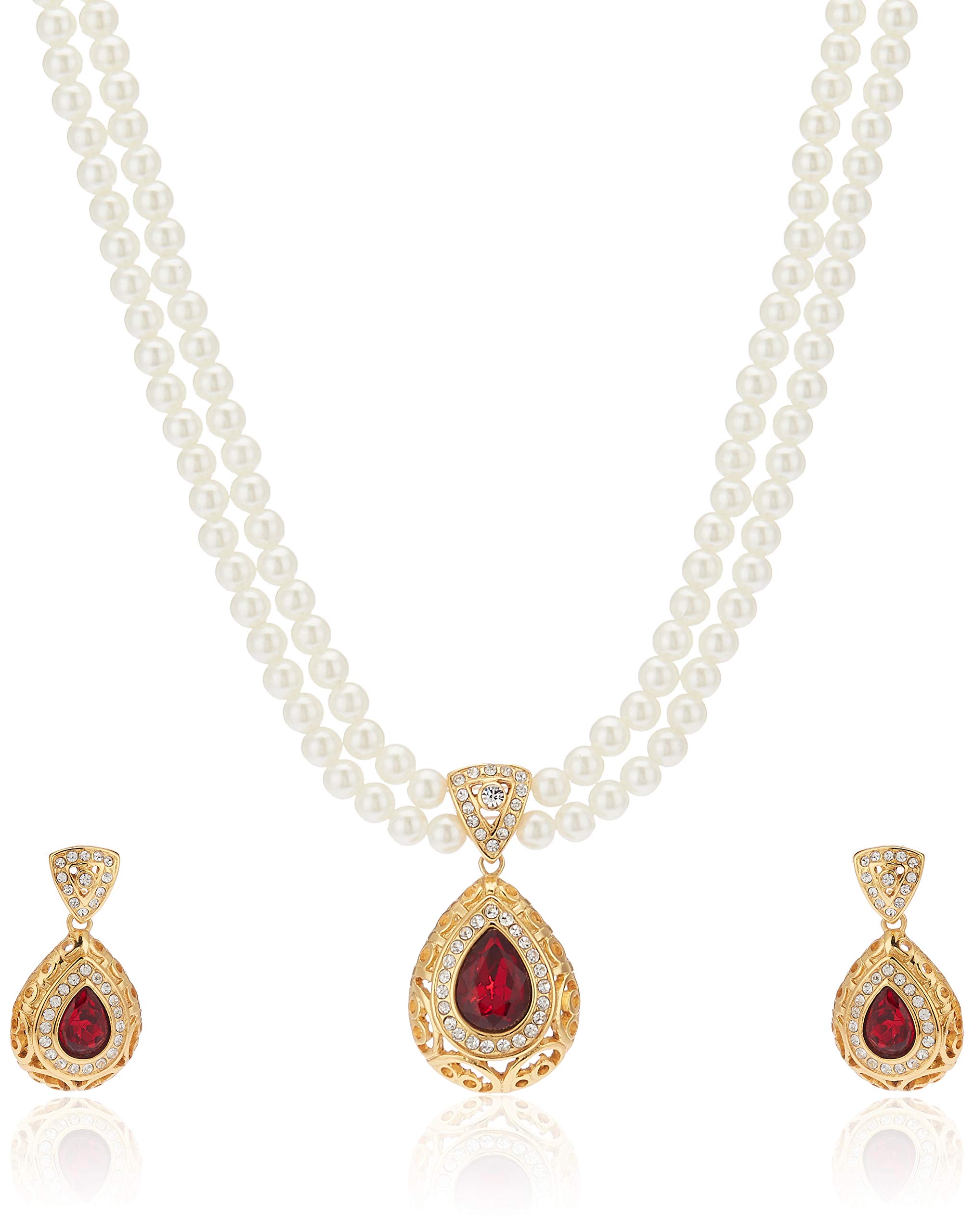 Estele Jewellery For Women Gold Plated Two Layered Aesthetic White Pearl Necklace set with Red & White Crystals for Women-9063 NKER (B08D89DVZP) Amazon Price History, Amazon Price Tracker