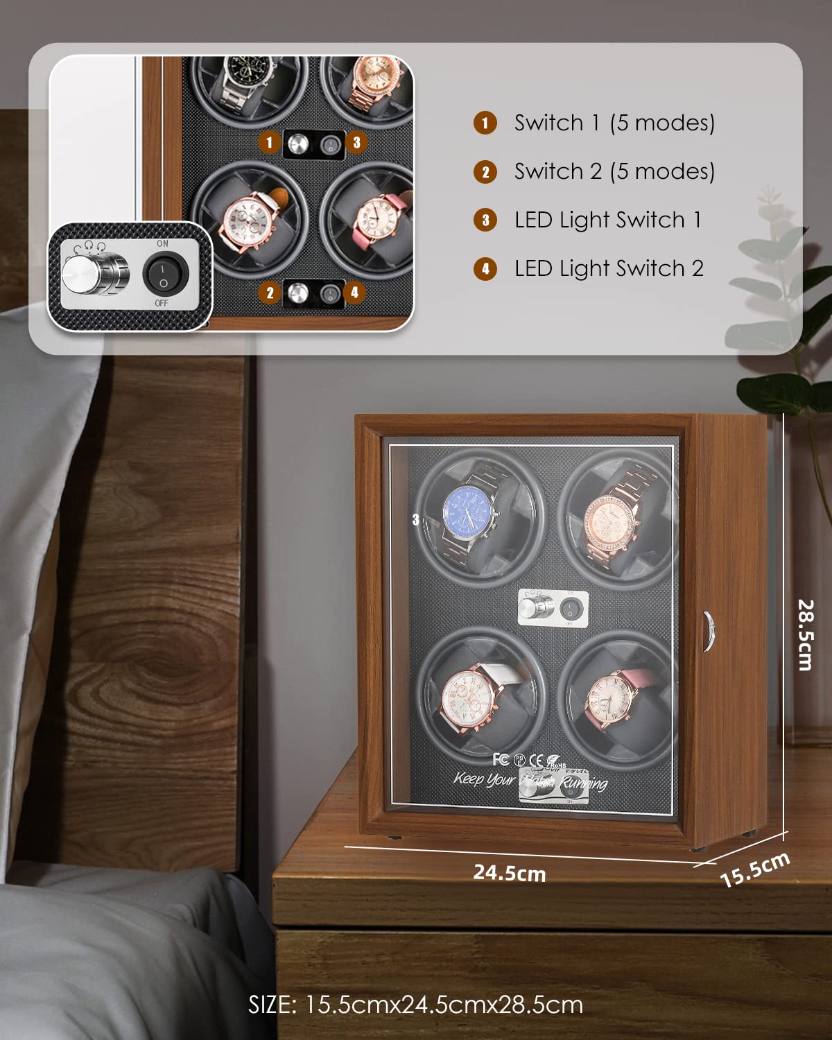 Mxmoonant Enrollador automático de relojes para 2/3/4, 5 modos de rotación con motor silencioso alimentado por USB con luz LED, silencioso y elegante, caja de almacenamiento de relojes