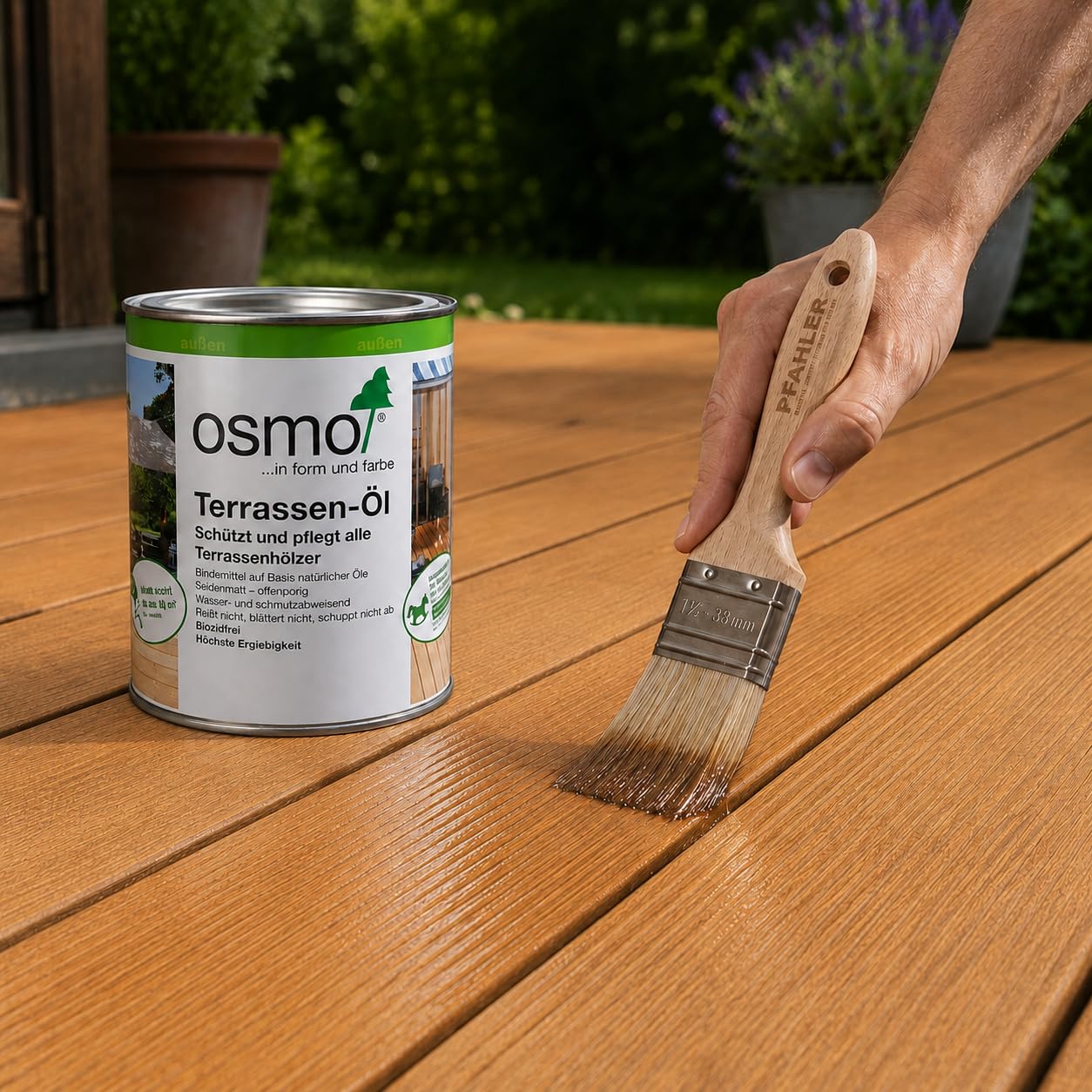 Osmo Terrassen-Öl Lärchen 009 Naturgetönt 2,5 l + Flächenstreicher Pinsel von Pfahler Gratis