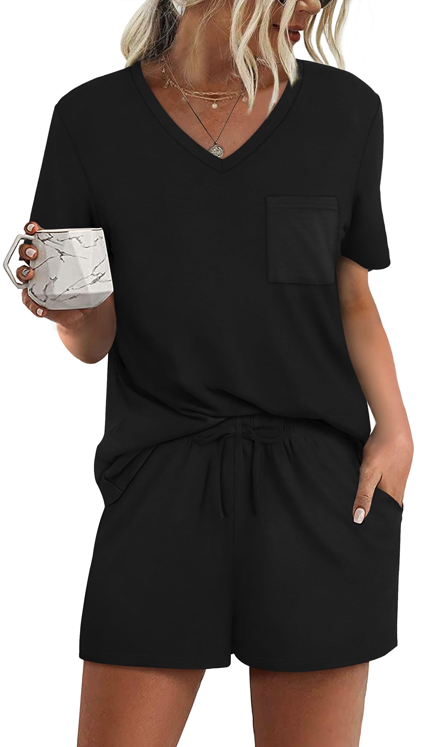 RUBZOOF Womens Short Sleeve Pajama Sets with Pockets Casual V Neck 2 Piece Lounge Sets S-3XL