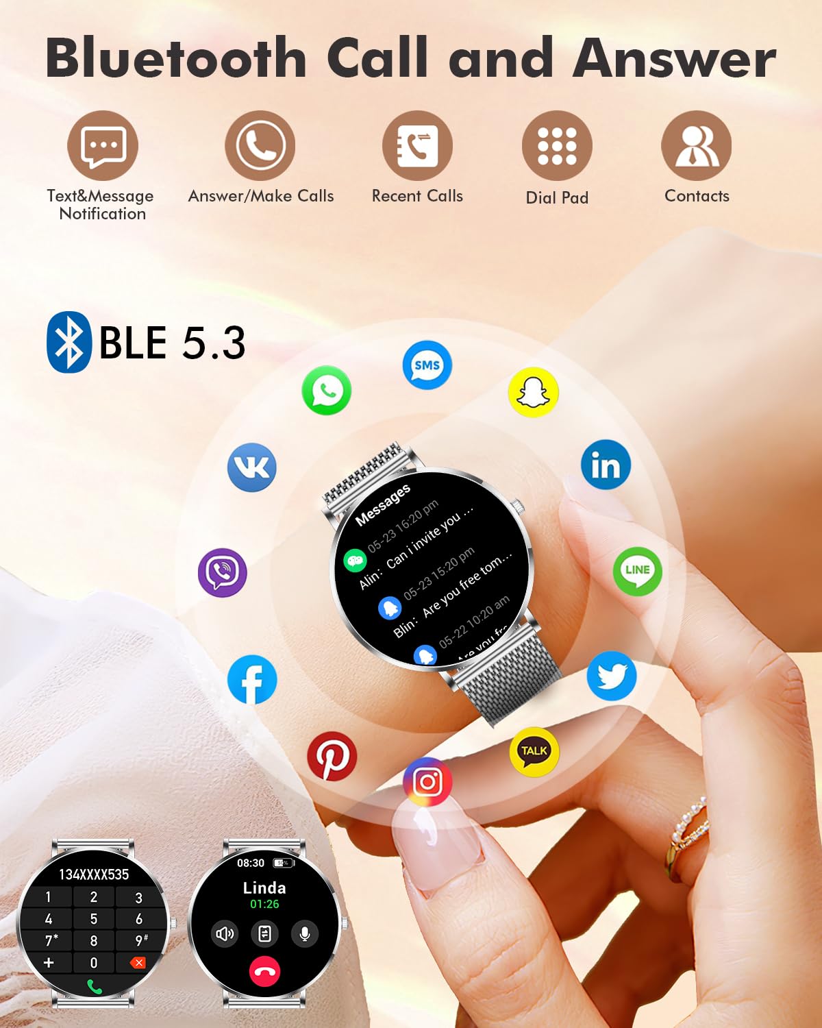 Smartwatch Donna,NOVEA Ultradelgada 1.32" Schermo Touch Chiamate Bluetooth, 100+ Modalità Sportive, SpO2 Orologio Cardiologico Monitor del Sonno Contapassi, Ciclo Menstruale IP68, Android/iOS