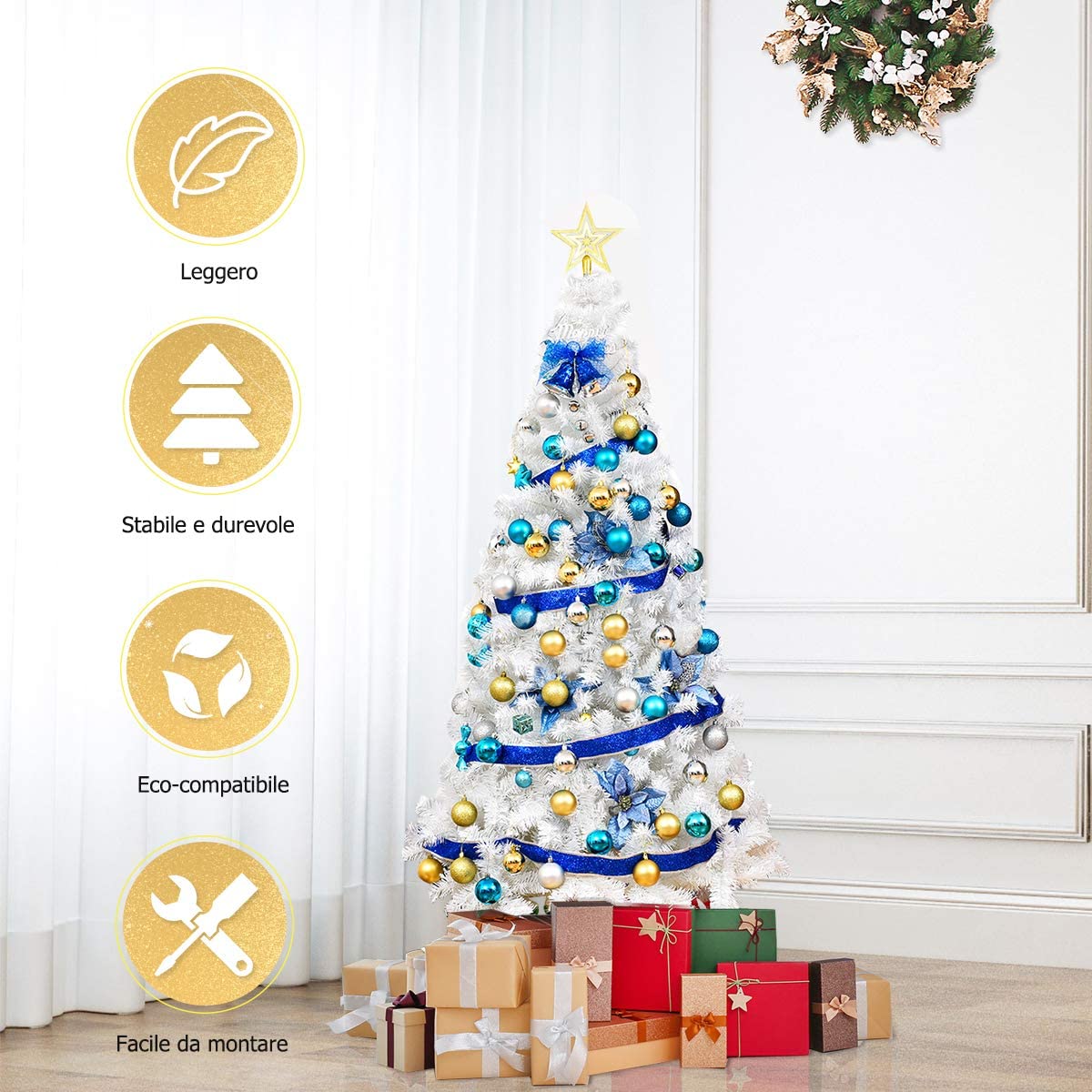 DREAMADE Albero di Natale Artificiale Albero folto in PVC con Supporto in Metallo e Piedi Bianco, Vari Dimensioni (2,1M)