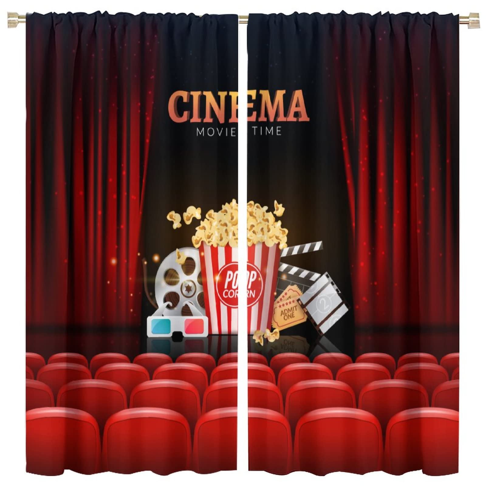 Popcorn Movie Clapboard Blackout Curtains Cinema Theater Background Print Privacy for Bedroom Living Room Studio Dorm Window Curtain Drapes 2 Panels 52x84in