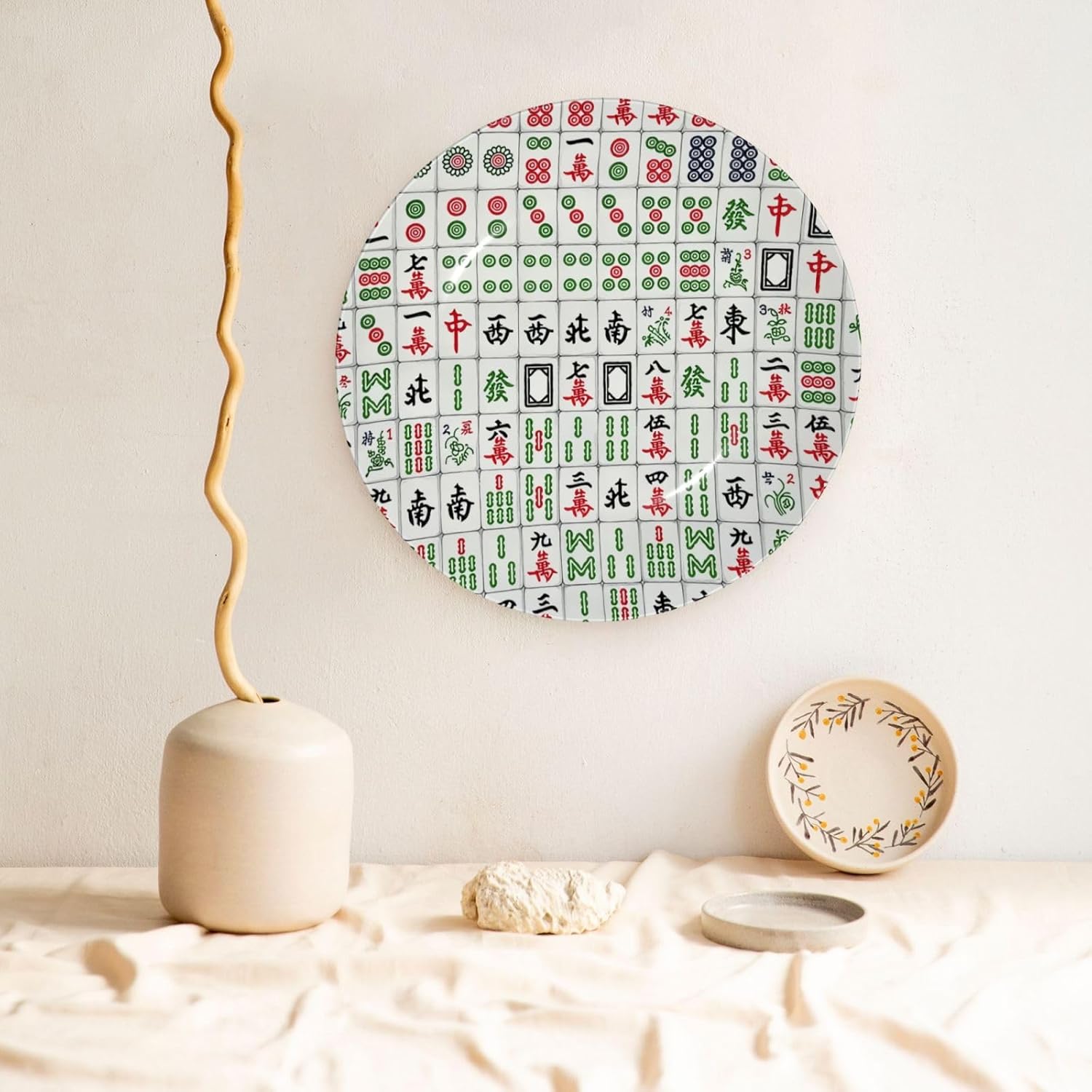 Mahjong Retro White 10 Inch Decorative Plate With Stand, Elegant Display Wall Plate For Home Decor