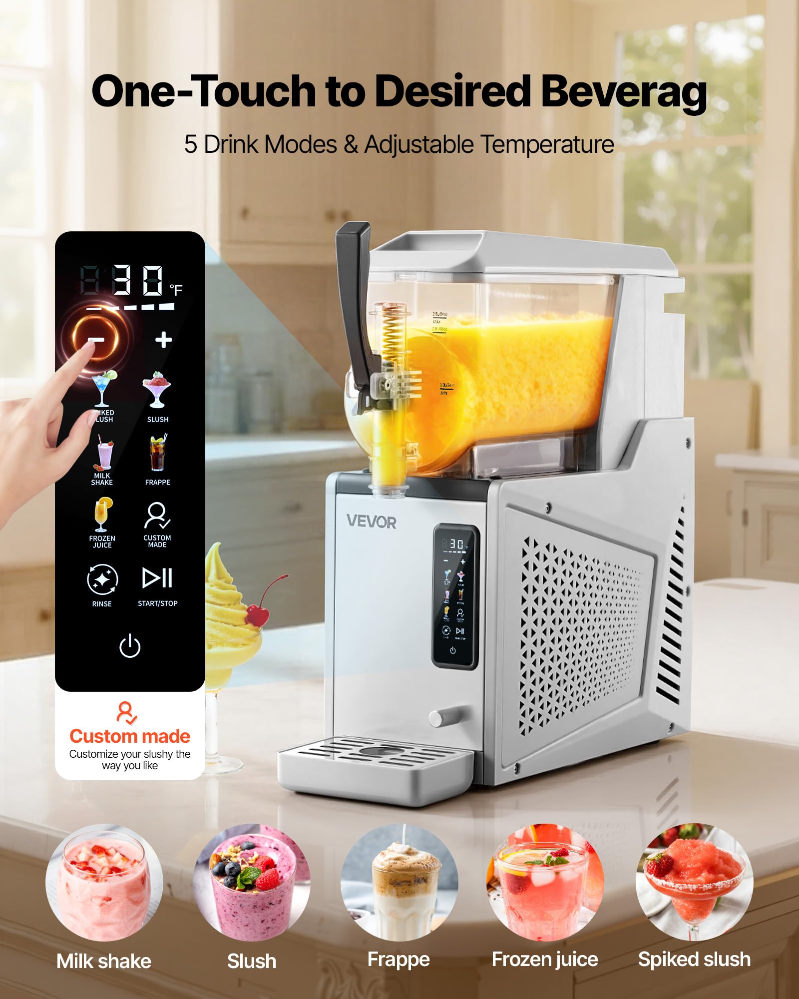 VEVOR Macchina per Granite 1 x 3 L 350 W Serbatoio Singolo Macchina per Bevande Ghiacciate Succo Fredde Cocktail con Funzione Autopulente per Preparazione Frappé, Milkshake, Frullati
