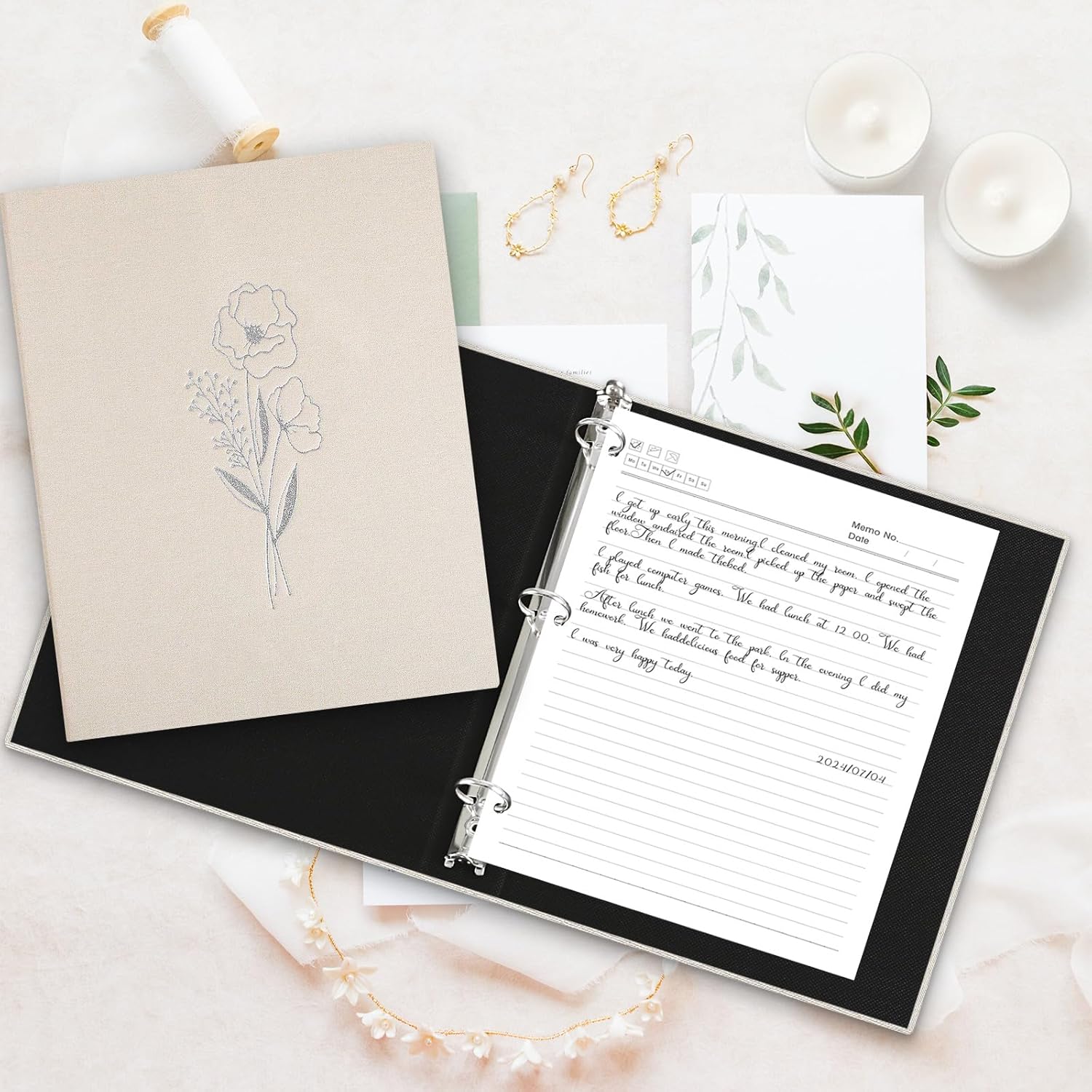 Lanpn Aesthetic Letter Size A4 3 Ring Binder 2 Packs, Linen Hardcover 1 inch Round Rings Folder Holder Planner Fits 8.5" x 11" Paper for Office School Journaling Collections (Beige) - Image 4