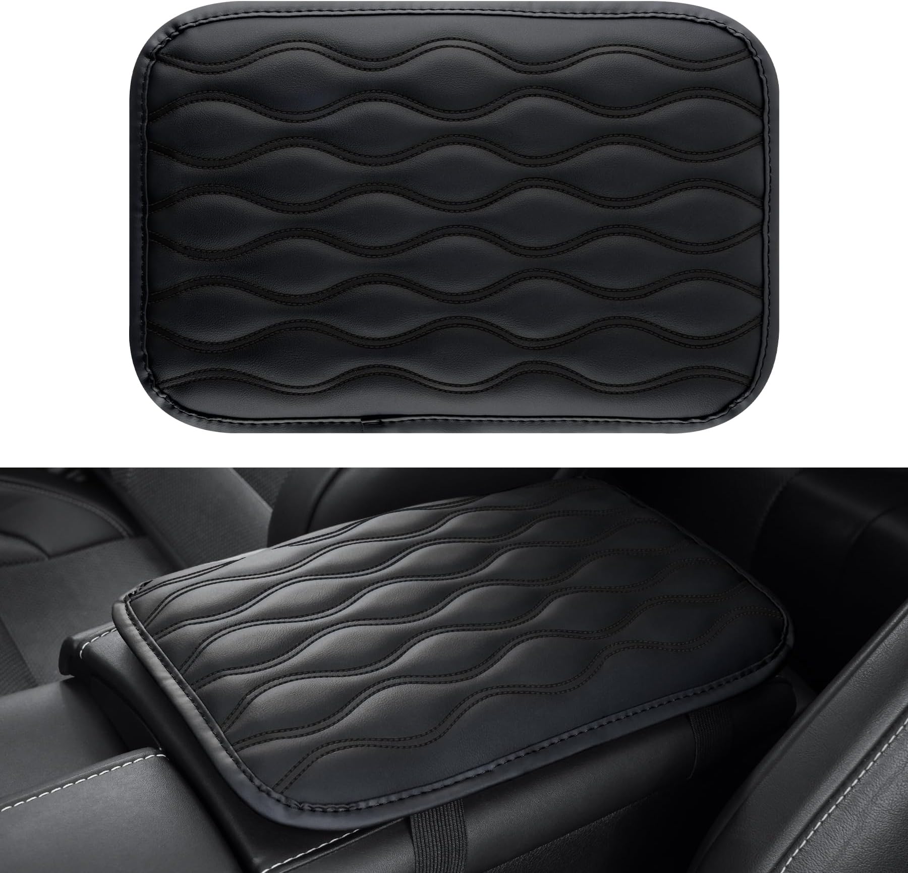Amiss Auto Center Console Pad, Universal Waterproof Armrest Seat Box Cover, Car Interior Accessories, Leather Auto Armrest Cover Protector for Most Vehicle, SUV, Truck (Black)