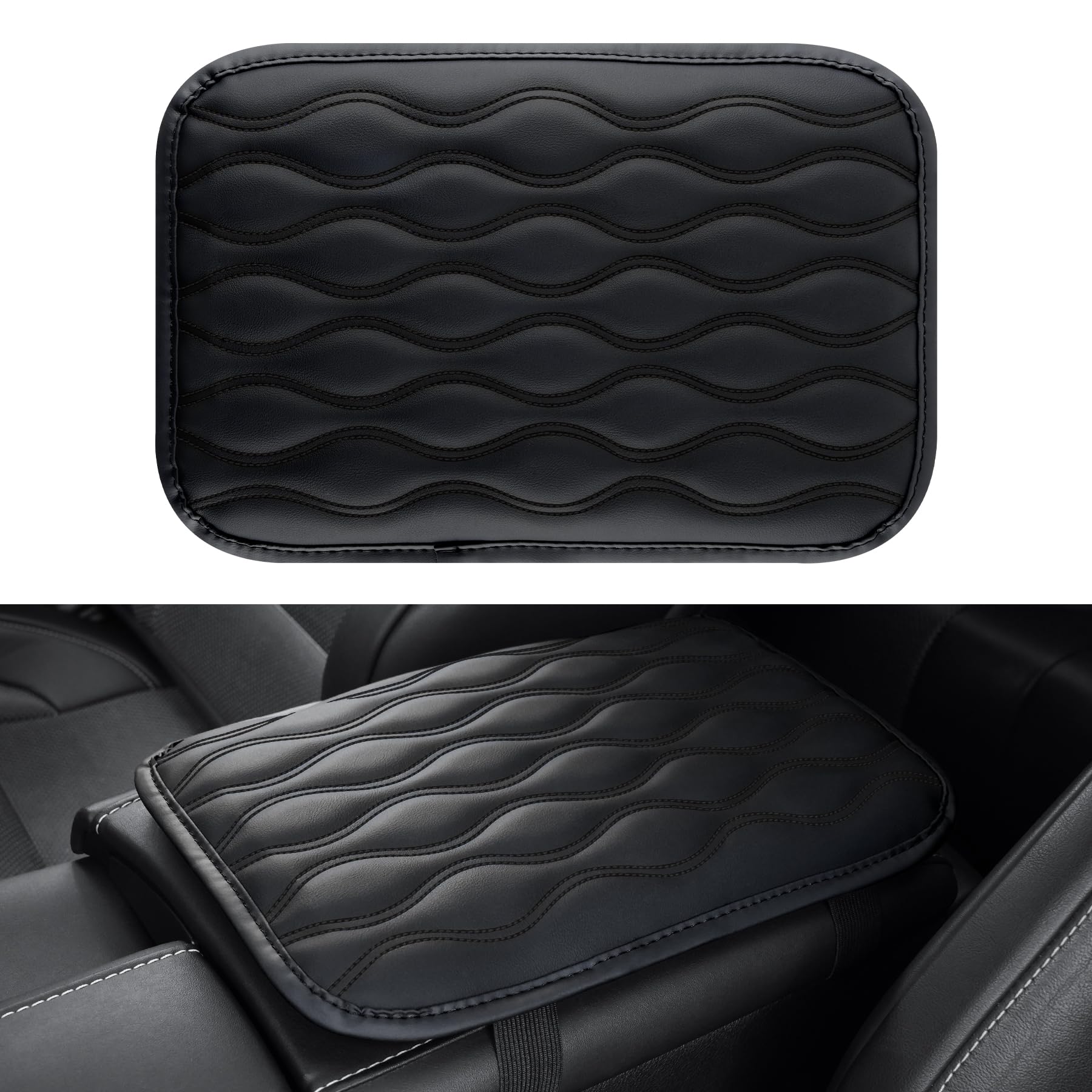 Amiss Auto Center Console Pad, Universal Waterproof Car Armrest Seat Box Cover, Car Interior Accessories, Leather Auto Armrest Cover Protector for Most Vehicle, SUV, Truck (Black)